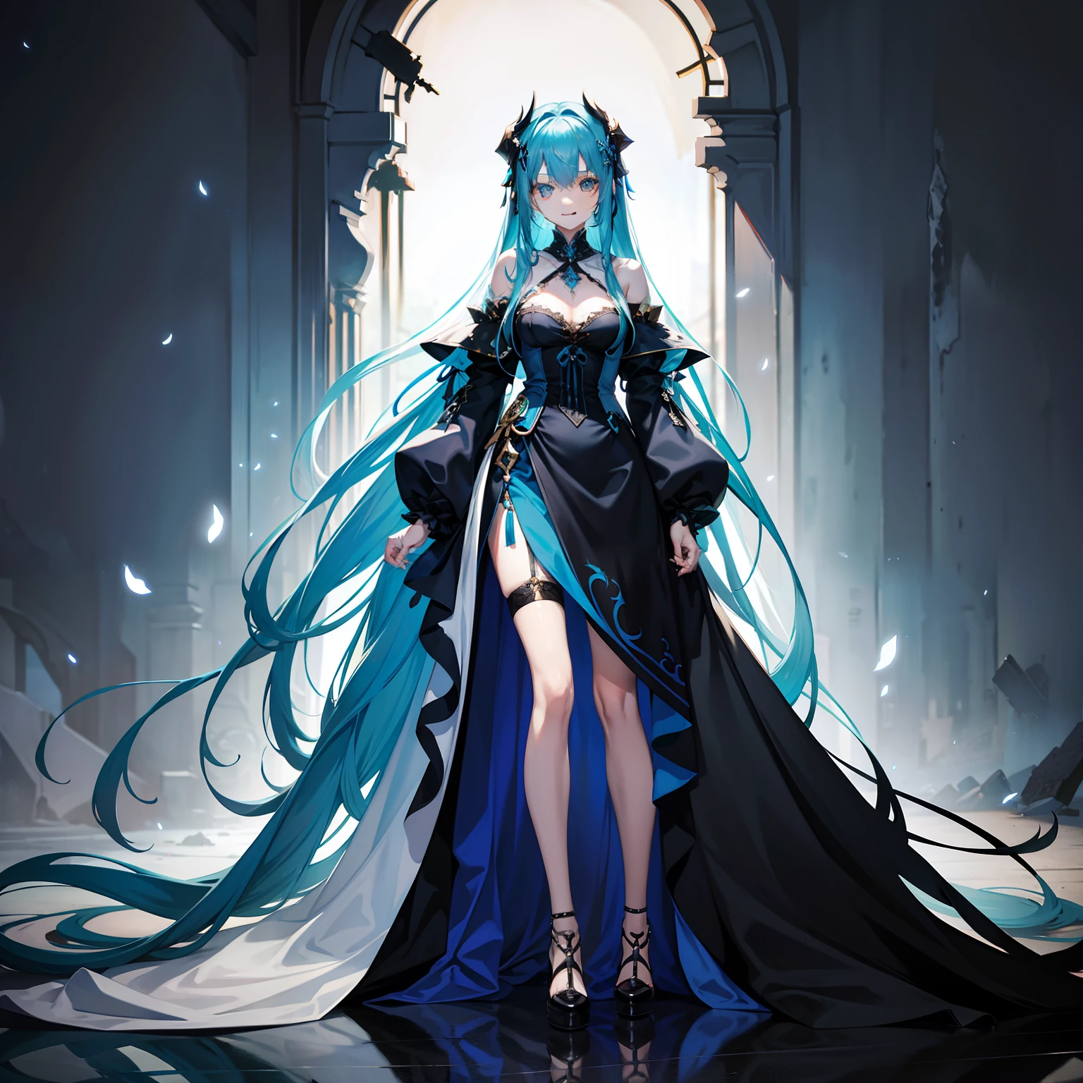 Blue long-haired girl,blacksilk,standing on your feet,ssmile,Clothes are tattered,white skinned,Long legs
