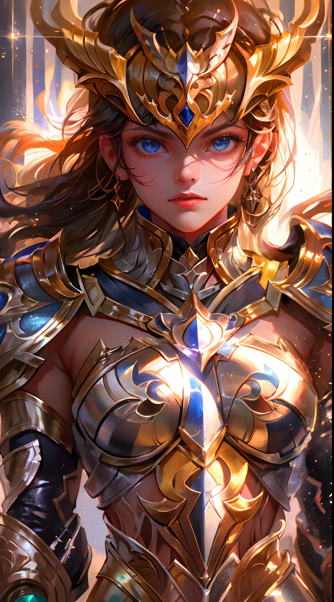 Ultra-high saturation，（tmasterpiece）， fully body photo，（best qualtiy）， （1girll）， starryskybackground，Wearing shiny gold armor， Sexy lingerie type armor，Expose your chest，Expose the waistline，Exposing thighs，cool-pose， Saint Seiya Armor， messy  hair，high detal, Anime style, Cinematic lighting, Sparkle, god light, Ray traching, filmgrain, hyper HD, textureskin, super detailing, Anatomical correct, A high resolution，Ultra-high saturation，hight contrast，High-gloss armor，Smooth skin，Serious expressions,Dark room,