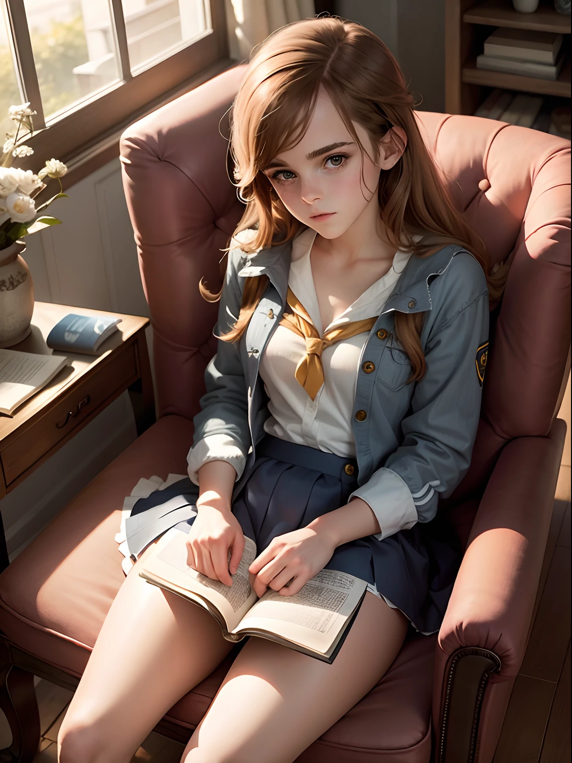 teen Emma Watson dressed in cute High school girl red sailor suit, sitting in a chair reading a book, smiling