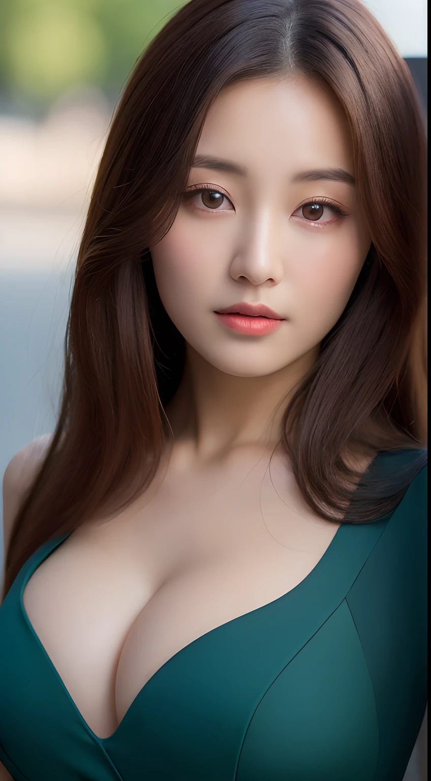 ((Realistic lighting, Best quality, 8K, Masterpiece: 1.3)), Clear focus: 1.2, 1girl, Perfect Body Beauty: 1.4, Slim Abs: 1.1, ((Dark Brown Hair, Big Breasts: 1.3)), (Aqua Dress: 1.4), (Outdoor: 1.1), City Street, Super Fine Face, Fine Eyes, Double Eyelids, Exposed cleavage