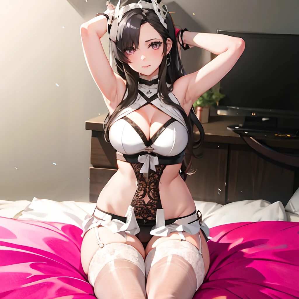 There is a woman in lingerie sitting on the bed, Seductive Anime Girl, irelia from league of legends, beautiful alluring anime woman, anime goddess, irelia, beautiful alluring anime , albedo from overlord, full-body xianxia, seductive tifa lockhart portrait, goddess of Japan, Anime Barbie in white stockings, Sexy Pose, Tifa