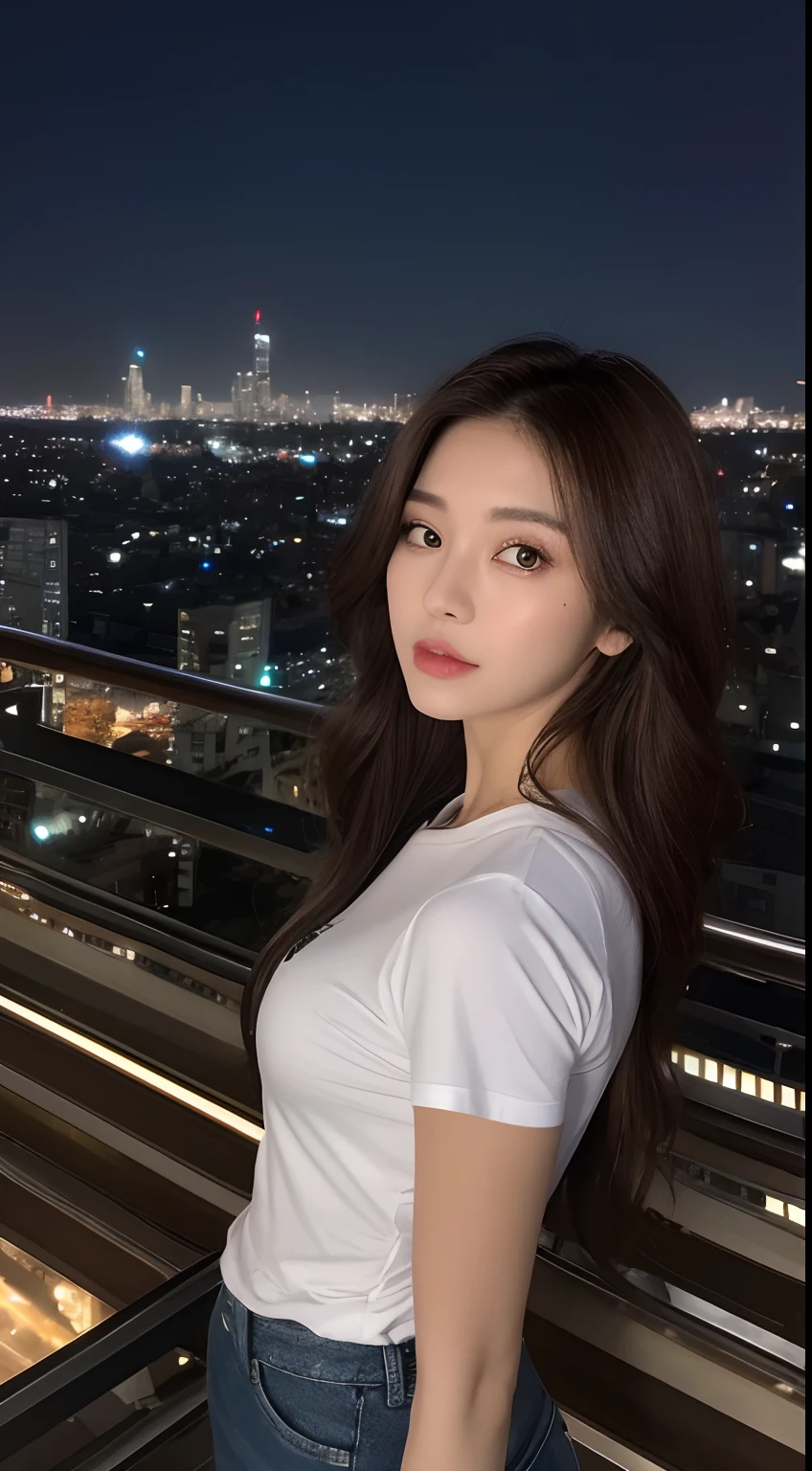 ((Midnight, Best quality, 8k, Masterpiece :1.3)), Whole body, Long legs, Sharp focus :1.2, A pretty woman with perfect figure :1.4, Slender abs :1.1, ((Dark brown hair, Big breasts :1.2)), (White tight tshirt, Jean bib, Standing:1.2), ((Night city view, Rooftop:1.3)), Highly detailed face and skin texture, Detailed eyes, Double eyelid