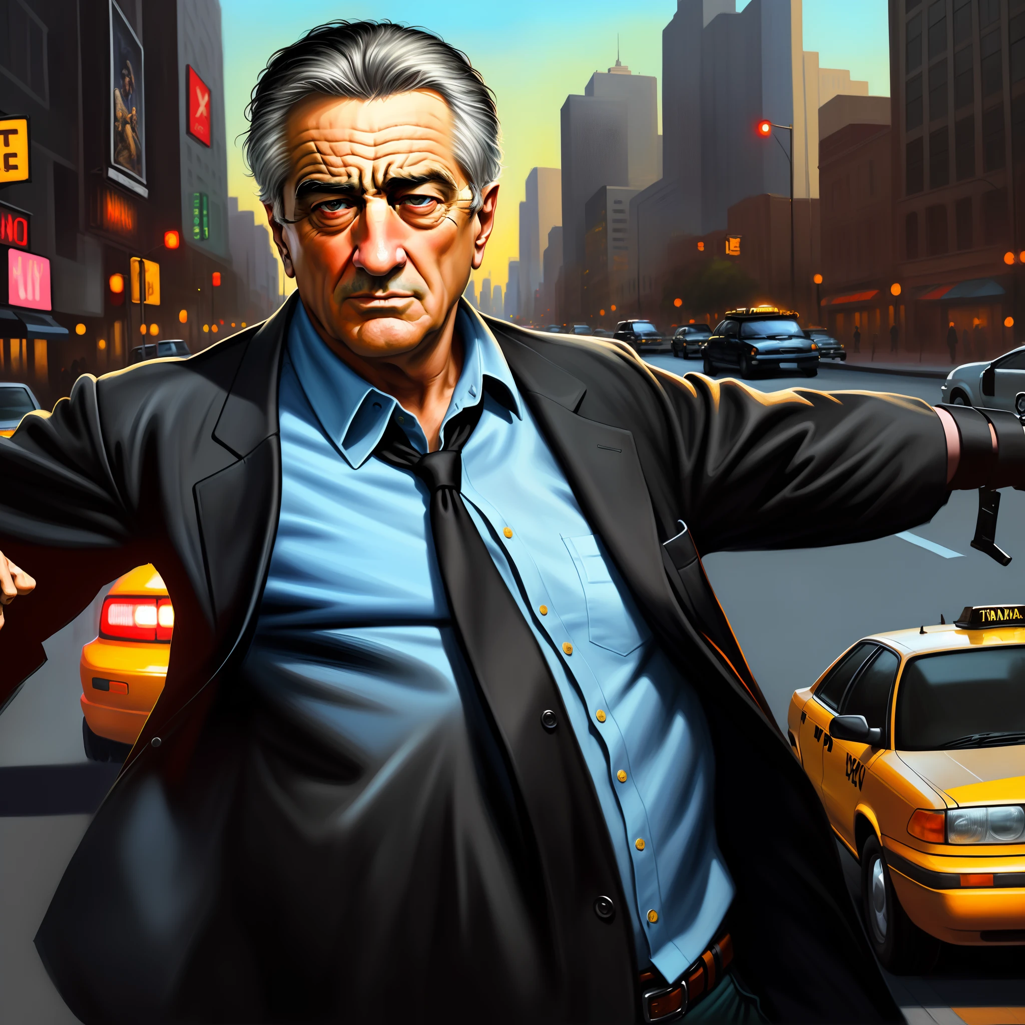 Best quality, Masterpiece, A painting of a man Robert De Niro ( with black hair), gangster pose, Miami City background, street, taxi cab in the background, perfect Art, Art, Intricate Digital Painting, original Artwork, Illustration, guns in hand, digital art, masterpiece Illustration, Beautiful 4K Art, Vibrant Digital Painting, (photograph realistic:1.4), surrealism,