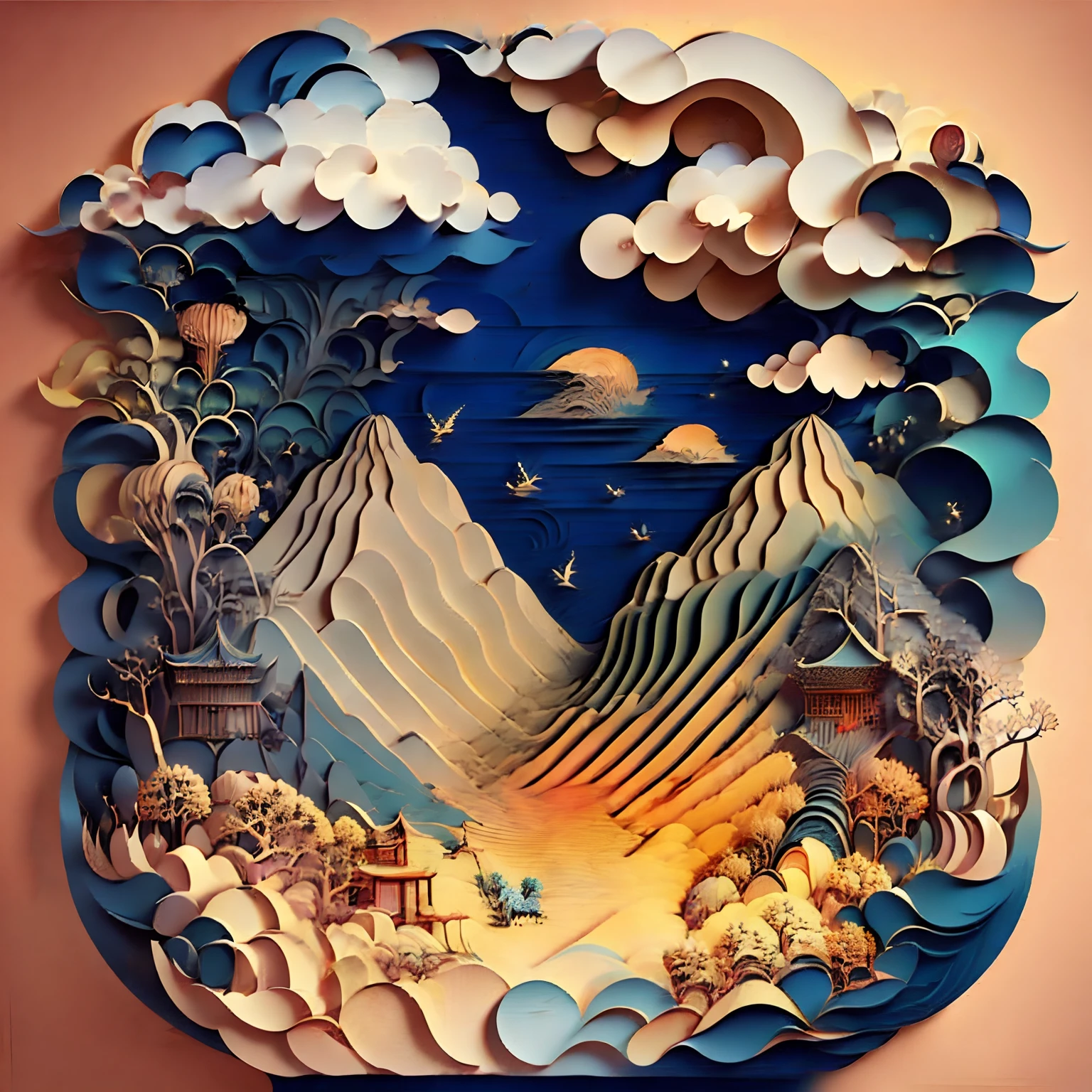 3D Paper Cutting Multidimensional Paper Cutting - Paper Cutting，Chinese Painting Chinese illustration，Landscape view，Auspicious clouds，Light beige background，Gradient pasta style