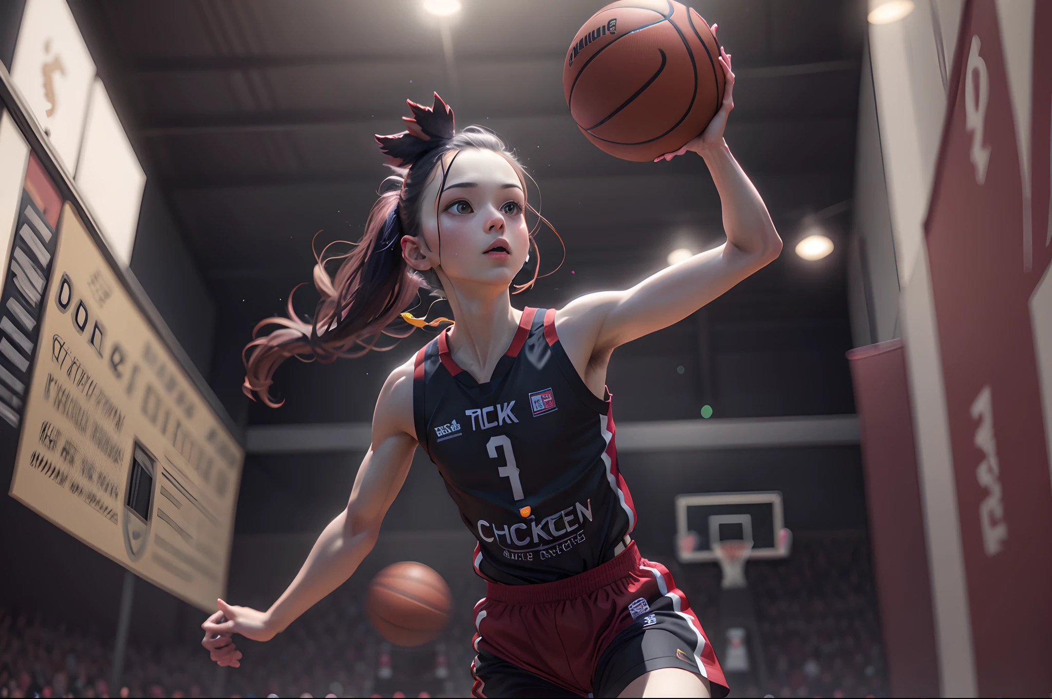 Chicken playing basketball in a harness