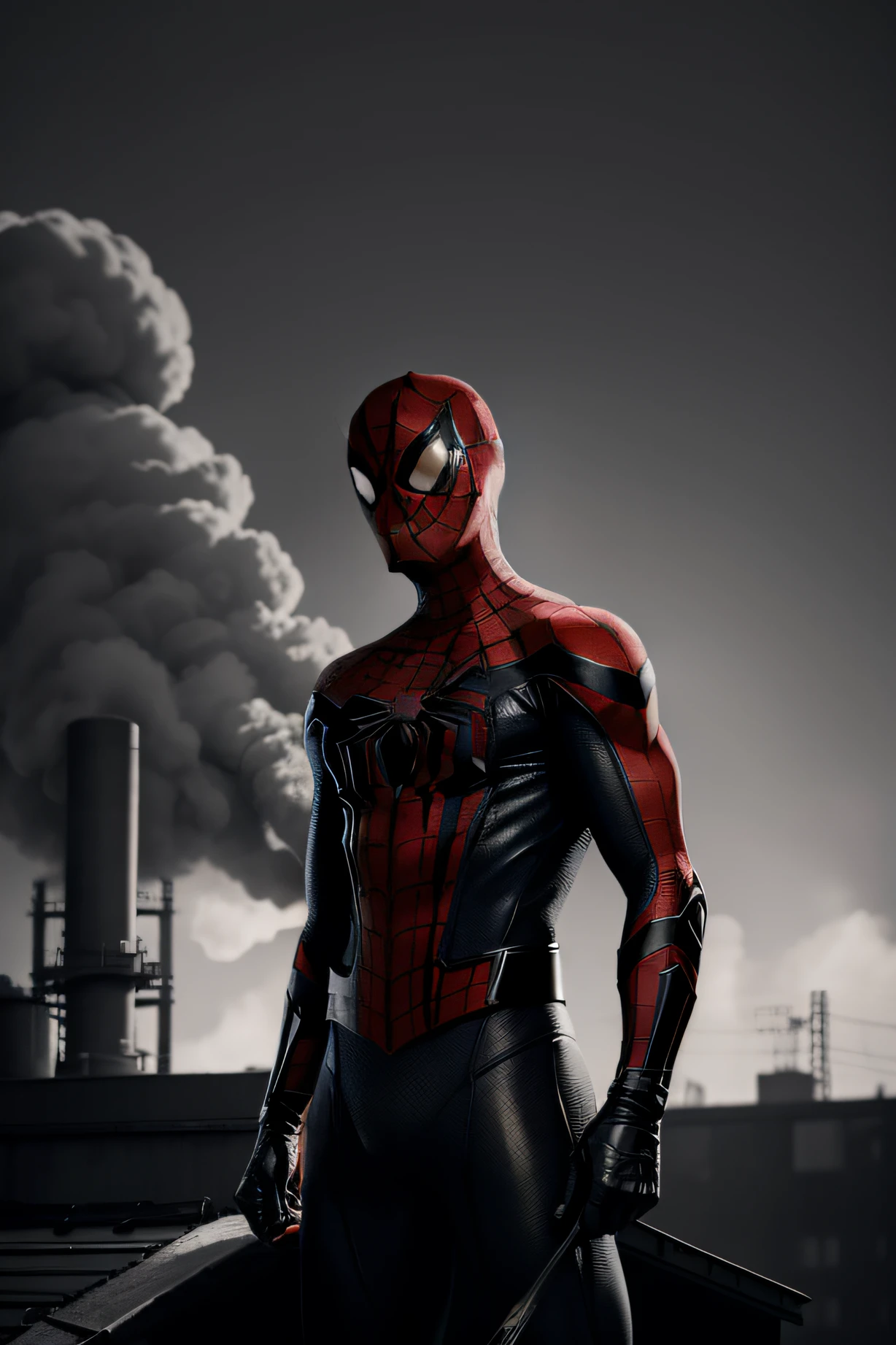 Spider-Man served as a masked vigilante in the 1800s, Perched atop towering industrial chimneys,Against the smoky sky, The factory smokes in the background, Capture his lonely and firm stance, illustration, Ink and charcoal on aged paper, ((marron marron)), ((monochrome))