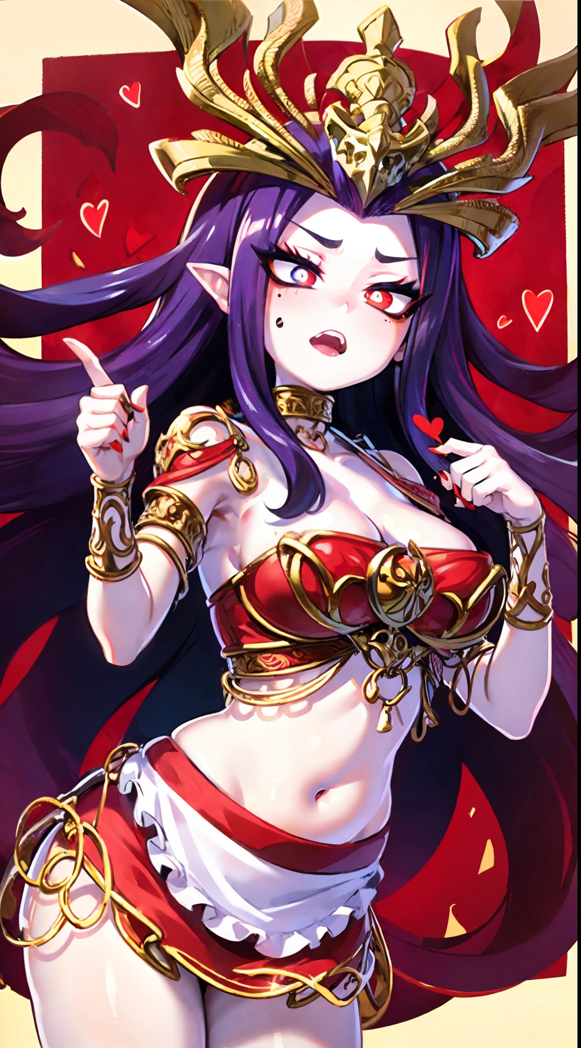 Medusa，（A white border around a red rectangular background：2.5)，revealing her belly，aprons， D-cups，ahegao face，High detail,Moles under eyes, Heart-shaped pupils，Love pupils，cropped shoulders，Lots of hearts，Fleshy thighs,highly rendered，detailed face with