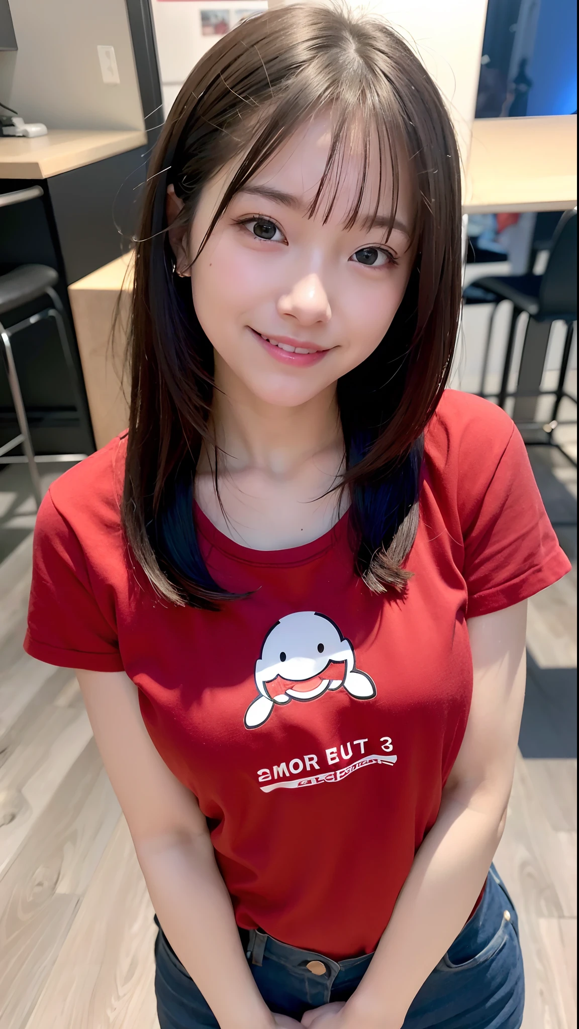 (top-quality、8K、32K、masuter piece、nffsw:1.2)、Cute Japan Girl、女の子1人、profile、(Split abs、slim figure:1.2)、(s lips) 、(Black hair)、二重まぶた、shinny skin、Realistic rays、mare、beauitful face、(A smile:1.3)、crouching down、(From above:1.2)、(a closeup:1.4)、shores、Red T-shirt、blurry backround、(Front Focus)、(Dark: 1.6)、Fantasy Art、photoRealstic、Professional Lighting、extra detailed face、Award-winning、deep-shadows、