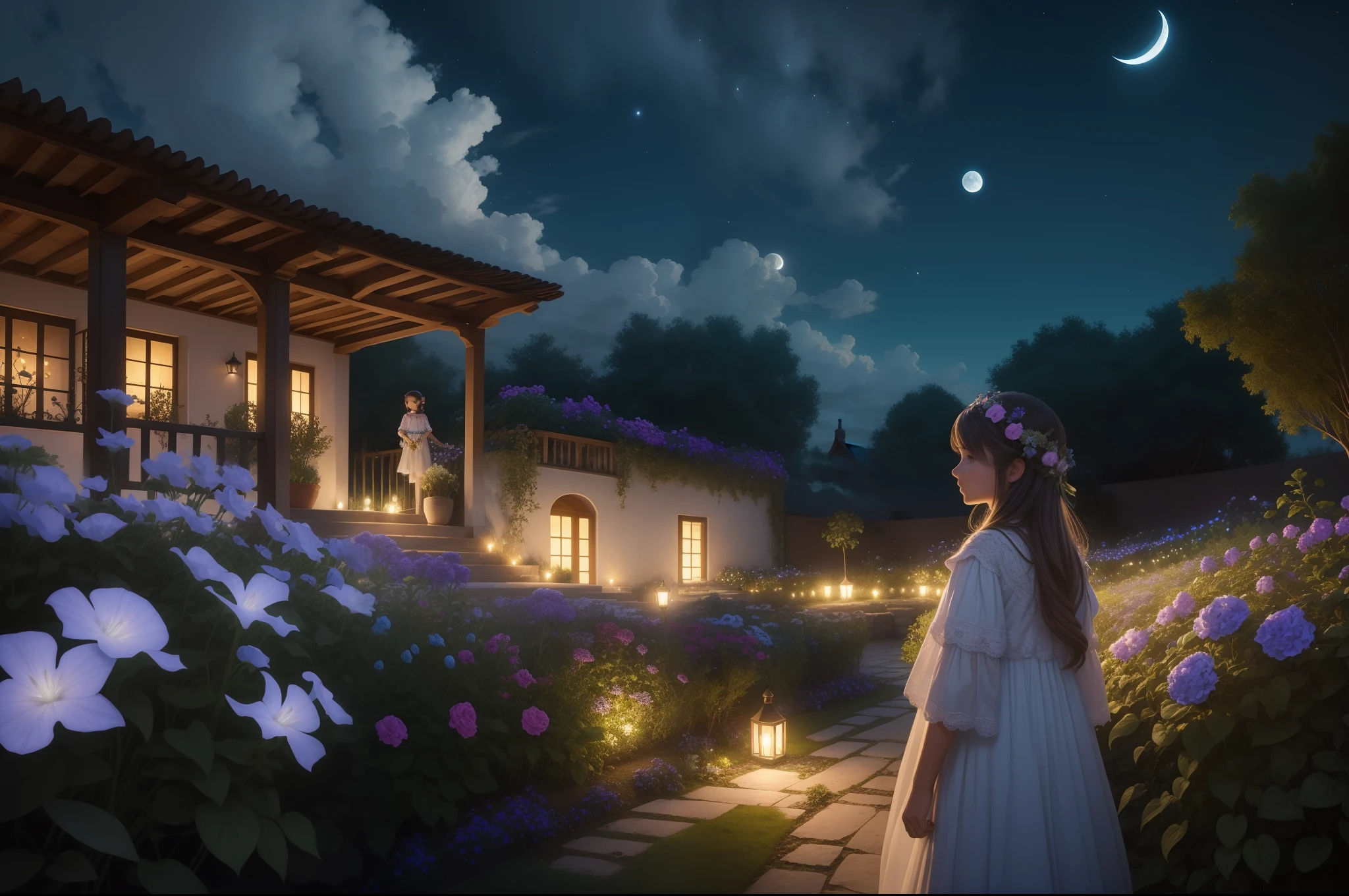 Girl in the middle of a garden full of mirabilis jalapa, illuminated only by the mmoonlight anf firaflies. Springtime night, cirrus clouds on the sky. Photorealistic.