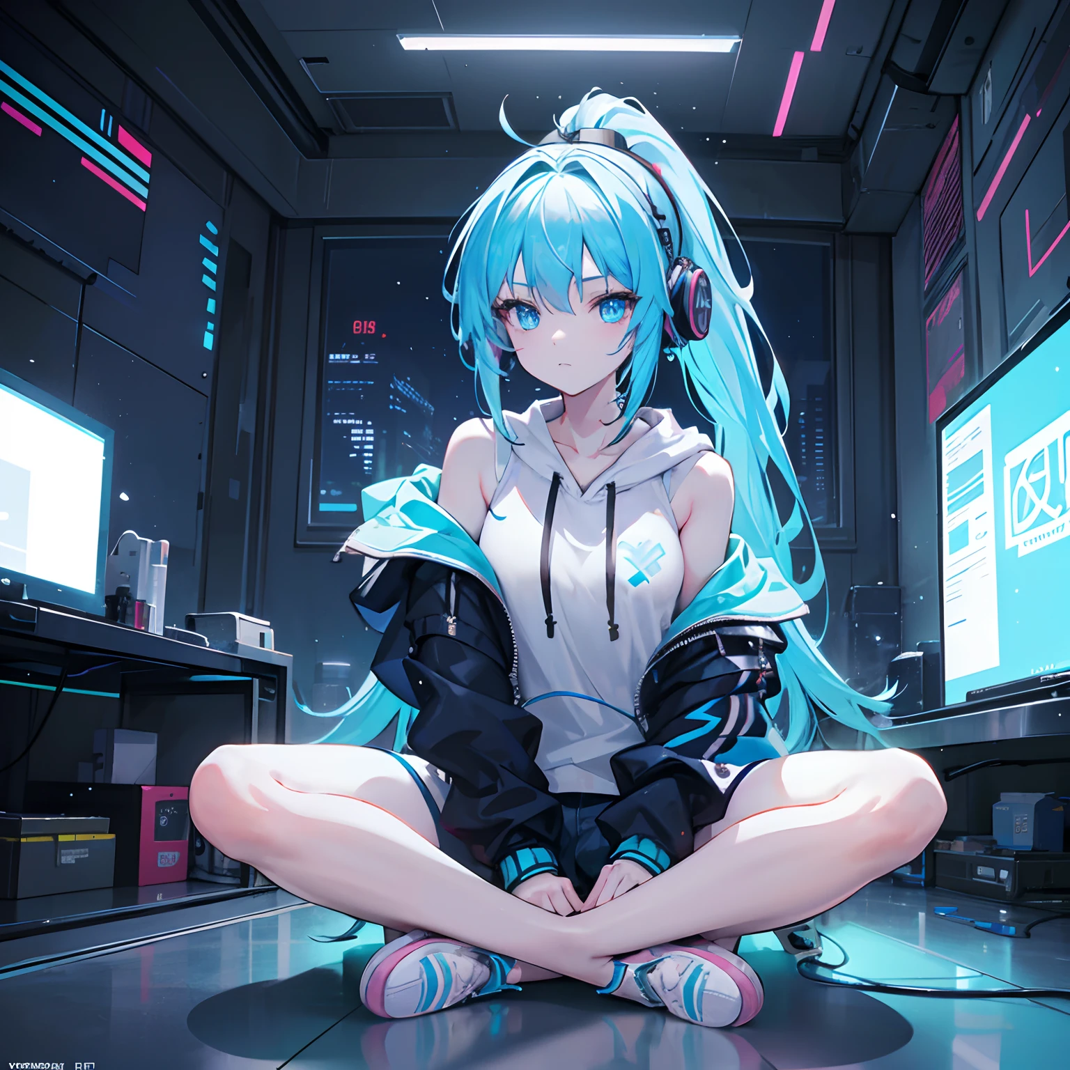 1. Girl: Indoor girl, wearing a blue hoodie, petite body, ice blue hair, ponytail, shoulders exposed, wearing headphones, shorts, leg straps, slippers, listening to music girl, cute and playful girl, blue eyes, relaxed and comfortable atmosphere, (close-up shot), masterpiece, best quality, high-resolution, beautiful face, 8K illustration, indoor lighting, neon light, glow, Volume Light, Light Particles, Unreal Engine 5, Anime Style, Cyberpunk, Futurism, Perspective, (2.5D screen), Fashion, Isometric Design, Symmetric Portrait, (Pose), Bad Laugh,