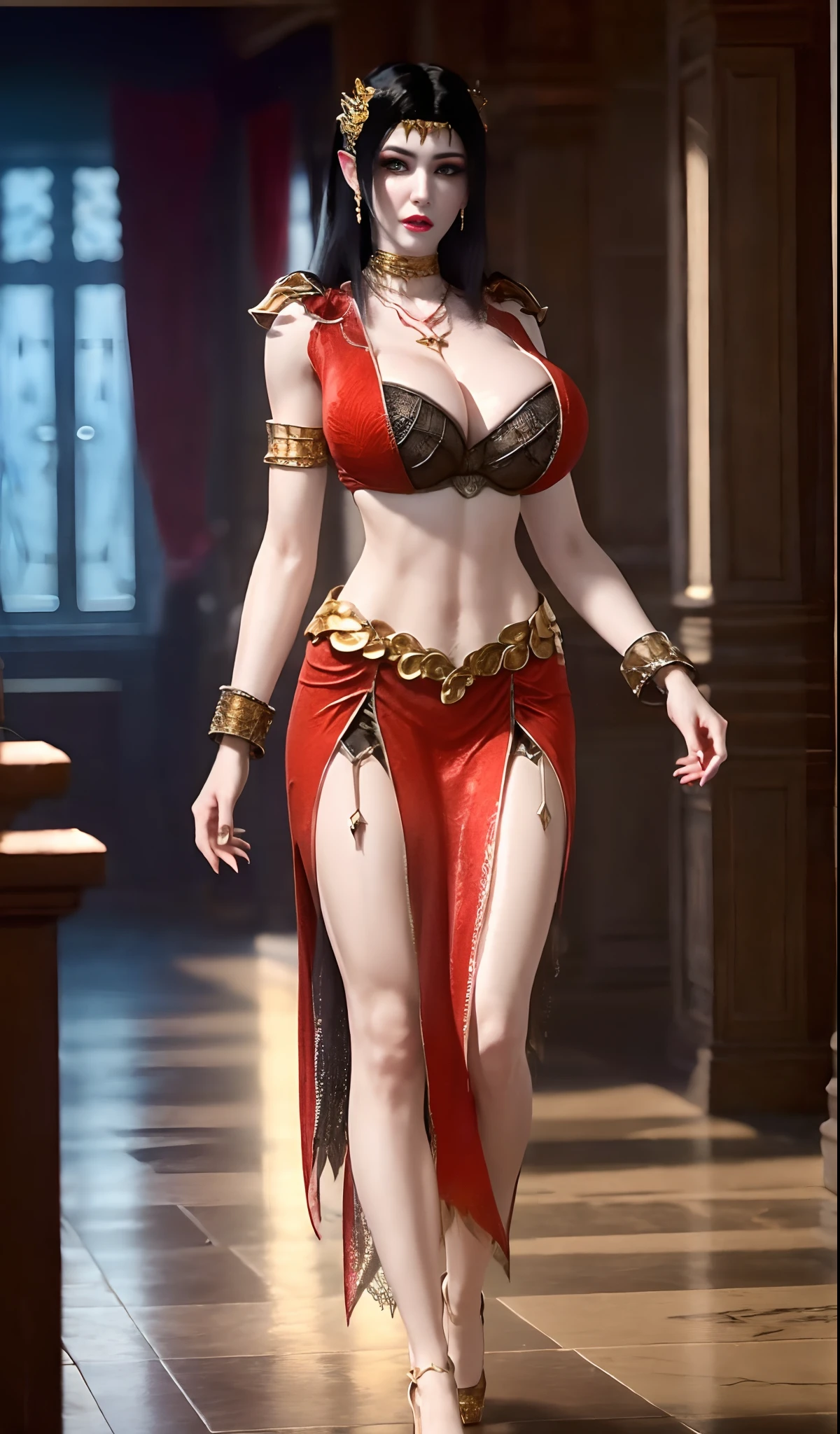 ultra realistic 8k cg, flawless, clean, masterpiece, cinematic lighting, cinematic bloom, perfect face, beautiful face, fantasy, ((unreal engine 5)), science fiction, lace trim, lace-trimmed legwear, luxury, jewelry, diamond, gold, pearl, gem, sapphire, ruby, emerald, intricate detail, delicate pattern, charming, alluring, seductive, erotic, enchanting, hair ornament, necklace, earrings, bracelet, armlet.
((best quality:1.5)), 1 girl, solo, (muscle abs:1.2), (shiny skin:1.3), (huge fake breasts, round breasts:1.5), red dress, stocking, ((full body)), looking at viewer, (walking down in the castle room:1.2), diffuselighting, depth of fields, Background bokeh.