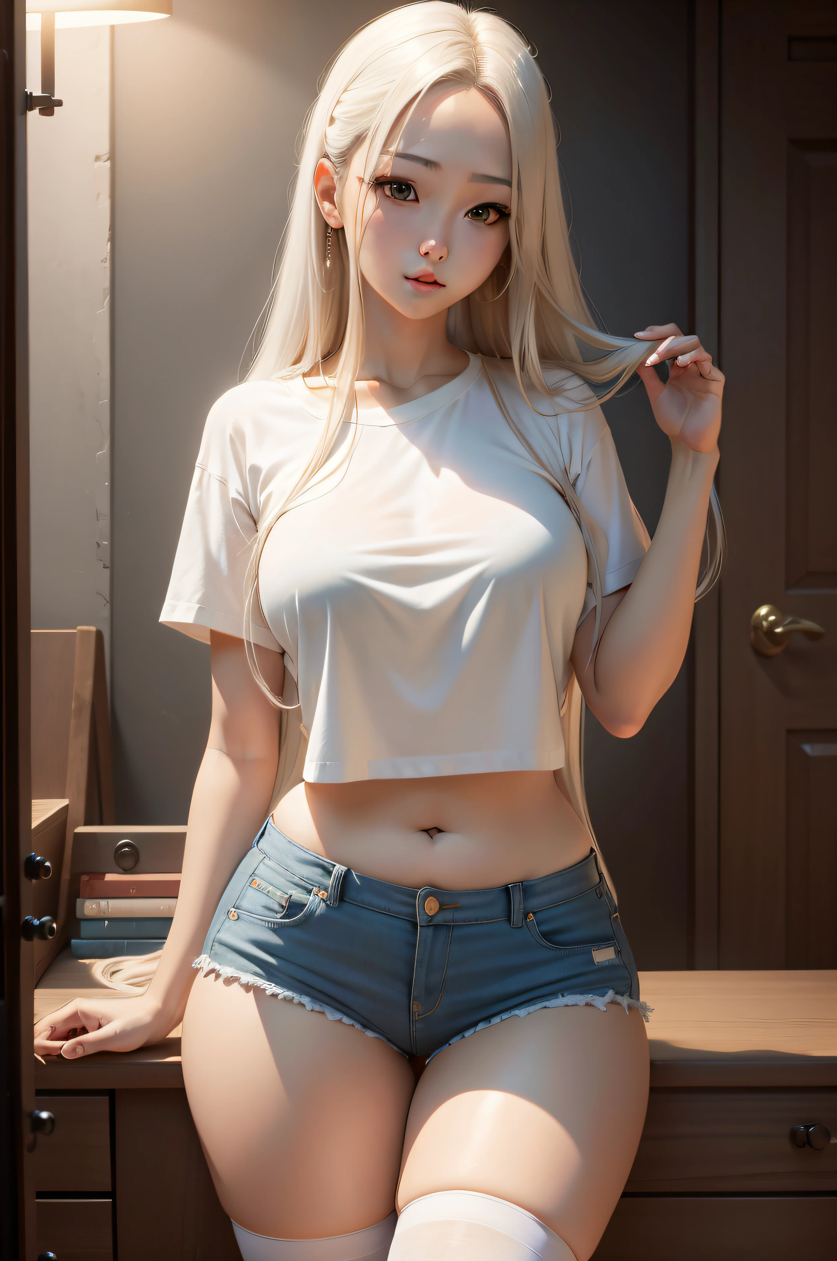 Realistic, high resolution, 1 girl, Long hair, Korean,, Loose white shirt, ,, Thighs, panties are visible,The plump cleavage of the stockings