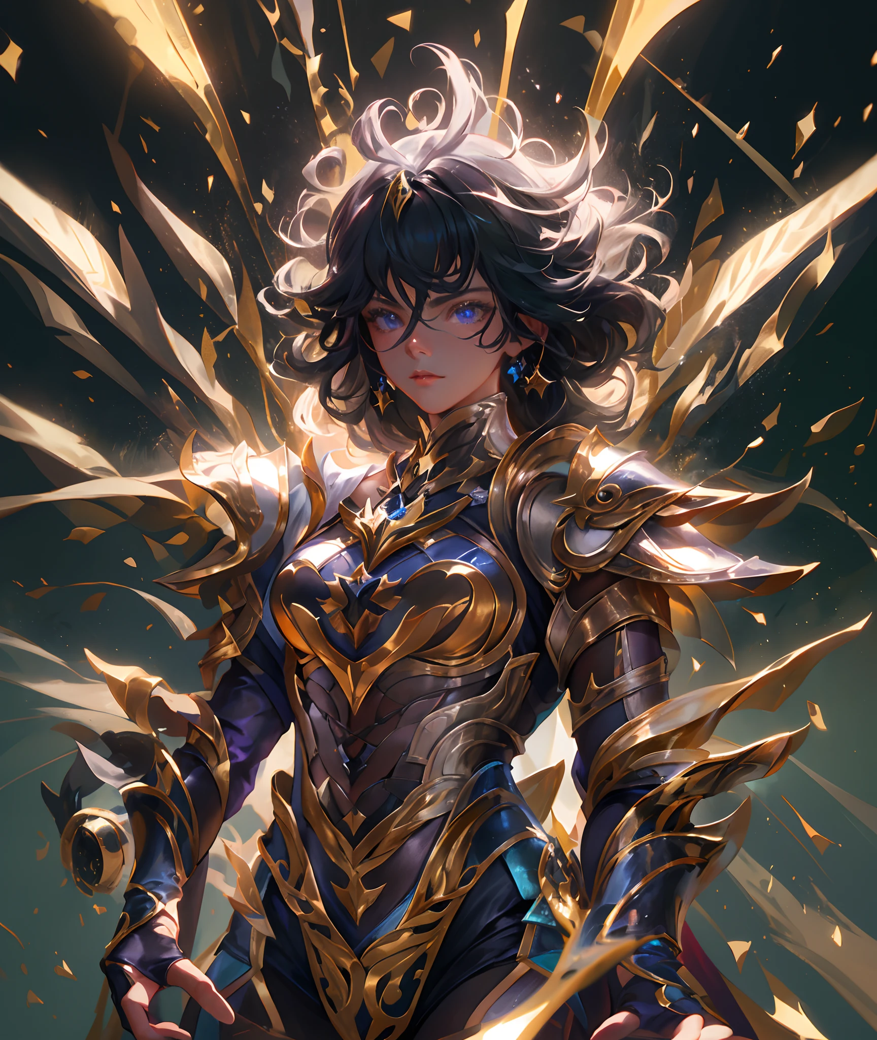 Ultra-high saturation，（tmasterpiece）， fully body photo，（best qualtiy）， （1girll）， starryskybackground，Wearing shiny gold armor， Sexy lingerie type armor，Expose your chest，Expose the waistline，Exposing thighs，cool-pose， Saint Seiya Armor， messy  hair，high detal, Anime style, Cinematic lighting, Sparkle, god light, Ray traching, filmgrain, hyper HD, textureskin, super detailing, Anatomical correct, A high resolution，Ultra-high saturation，hight contrast，High-gloss armor，Smooth skin，Serious expressions,Dark room,