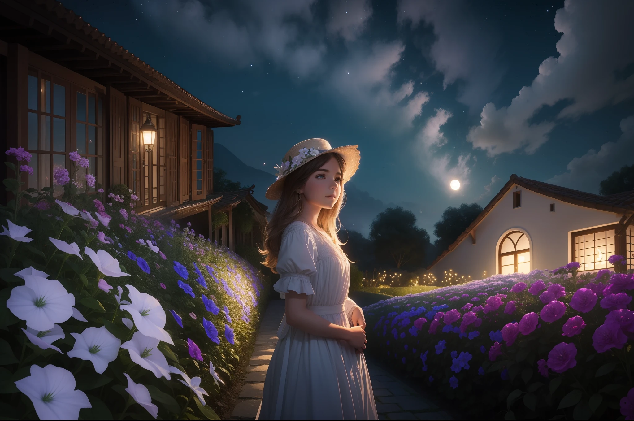 Girl in the middle of a garden full of mirabilis jalapa, illuminated only by the mmoonlight anf firaflies. Springtime night, cirrus clouds on the sky. Photorealistic.
