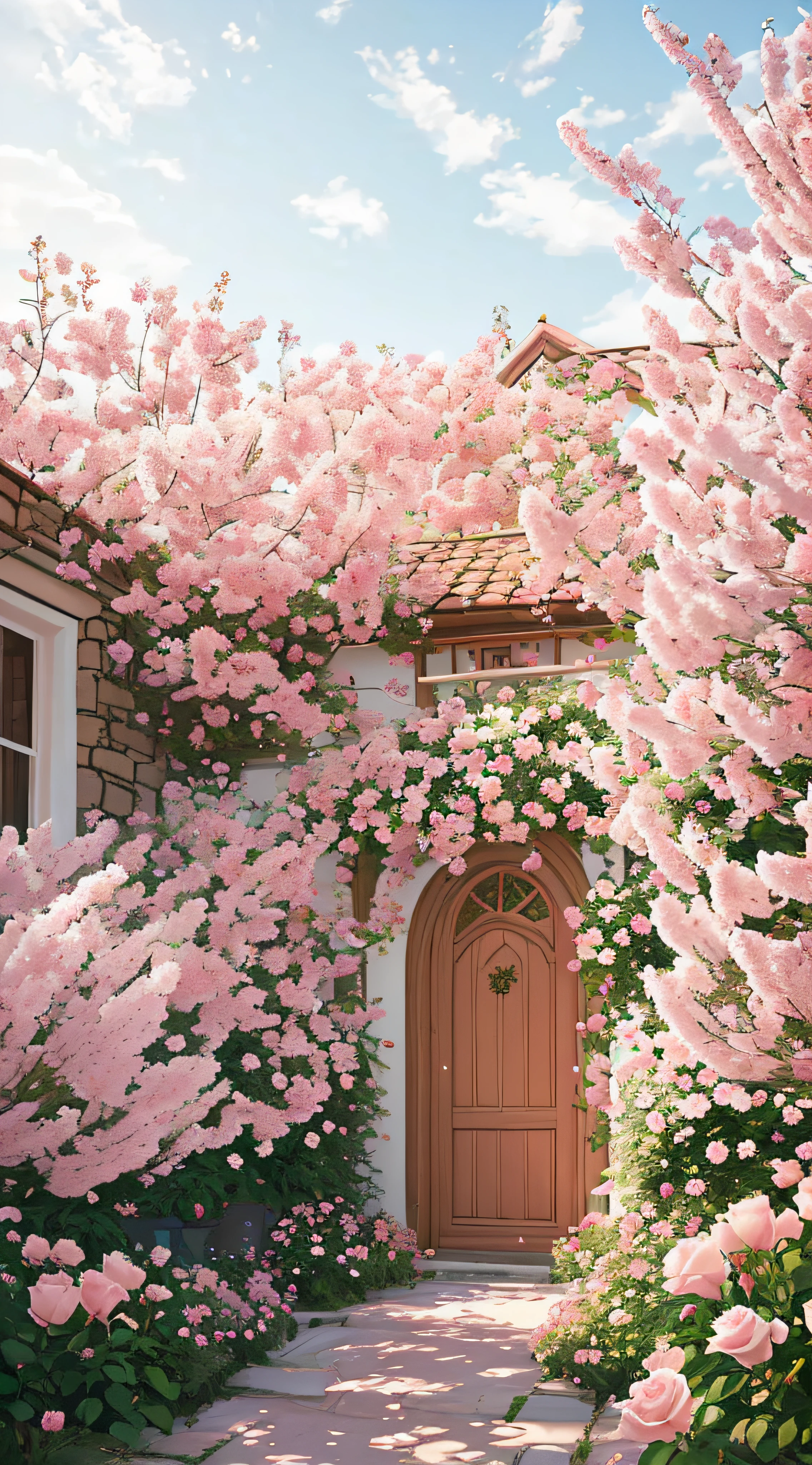 Professional photography, realistic, a clump of pink roses outside the house, beautiful and aesthetic, soft pink, beautiful beauty, roses in movie lights, lush flowers outdoors, nature and floral aesthetics, rose garden, roses, portal made of roses, beautiful images, roses, fantastic aesthetics, in a cottage core garden, pink golden hour, (masterpiece: 1.6, best quality), (fine detailed beautiful eyes: 1.2), (extremely detailed CG unity 8k wallpaper, masterpiece, super detailed, best shadows), (detailed background), high contrast, (best lighting, extremely refined and beautiful), ((color paint splash on transparent background, Dulux,)), ((caustic)), dynamic angles, beautiful details glowing, amazing, high detail, very detailed, beautiful, building shots, surrealism, Unreal Engine 5