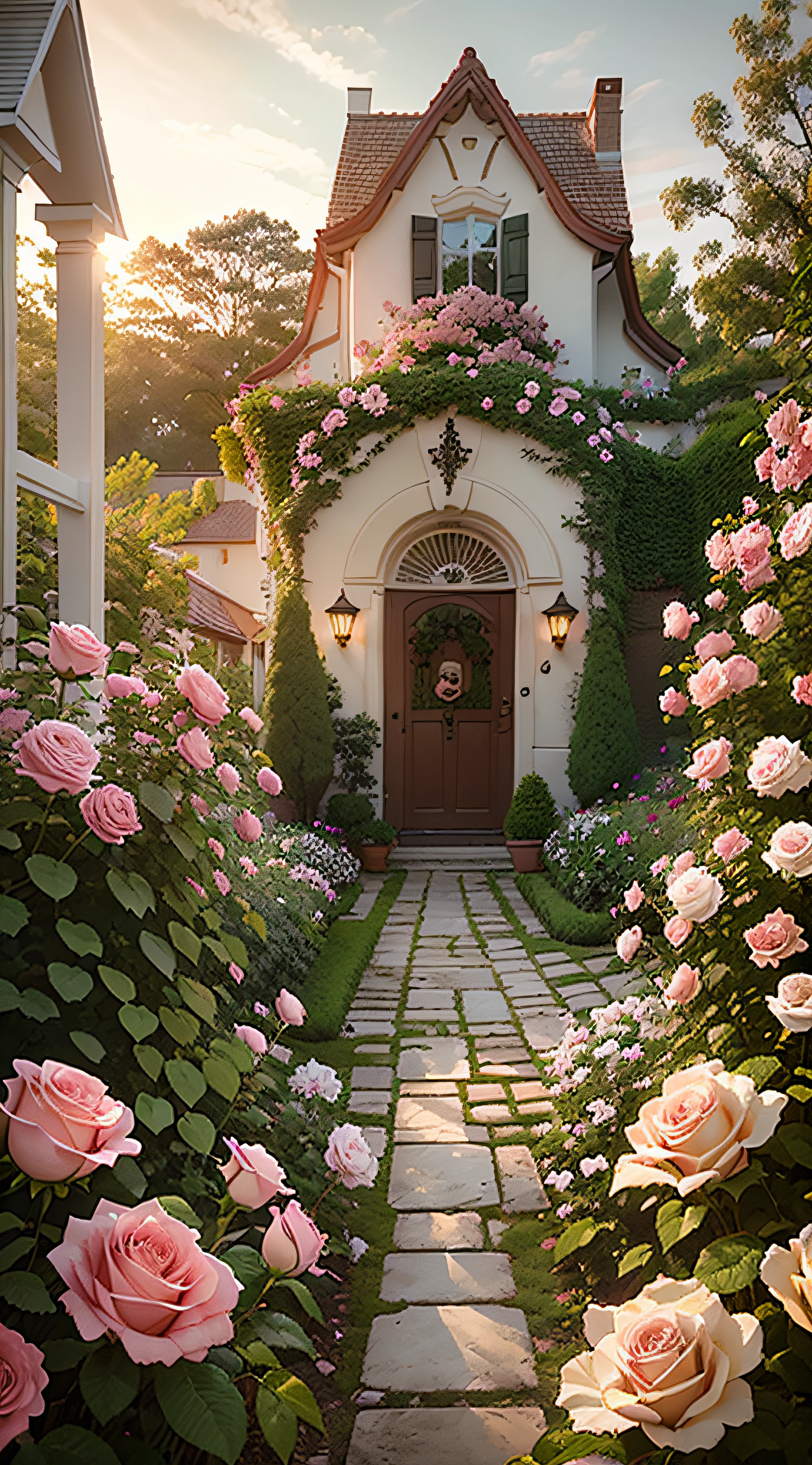 there is a bush of pink roses growing outside of a house, beautiful and aesthetic, with soft pink colors, beautiful aesthetic, roses in cinematic light, lush flowery outdoors, nature and floral aesthetics, rose garden, roses, portal made of roses, beautiful image, rosses, dreamy aesthetic, in a cottagecore flower garden, pink golden hour