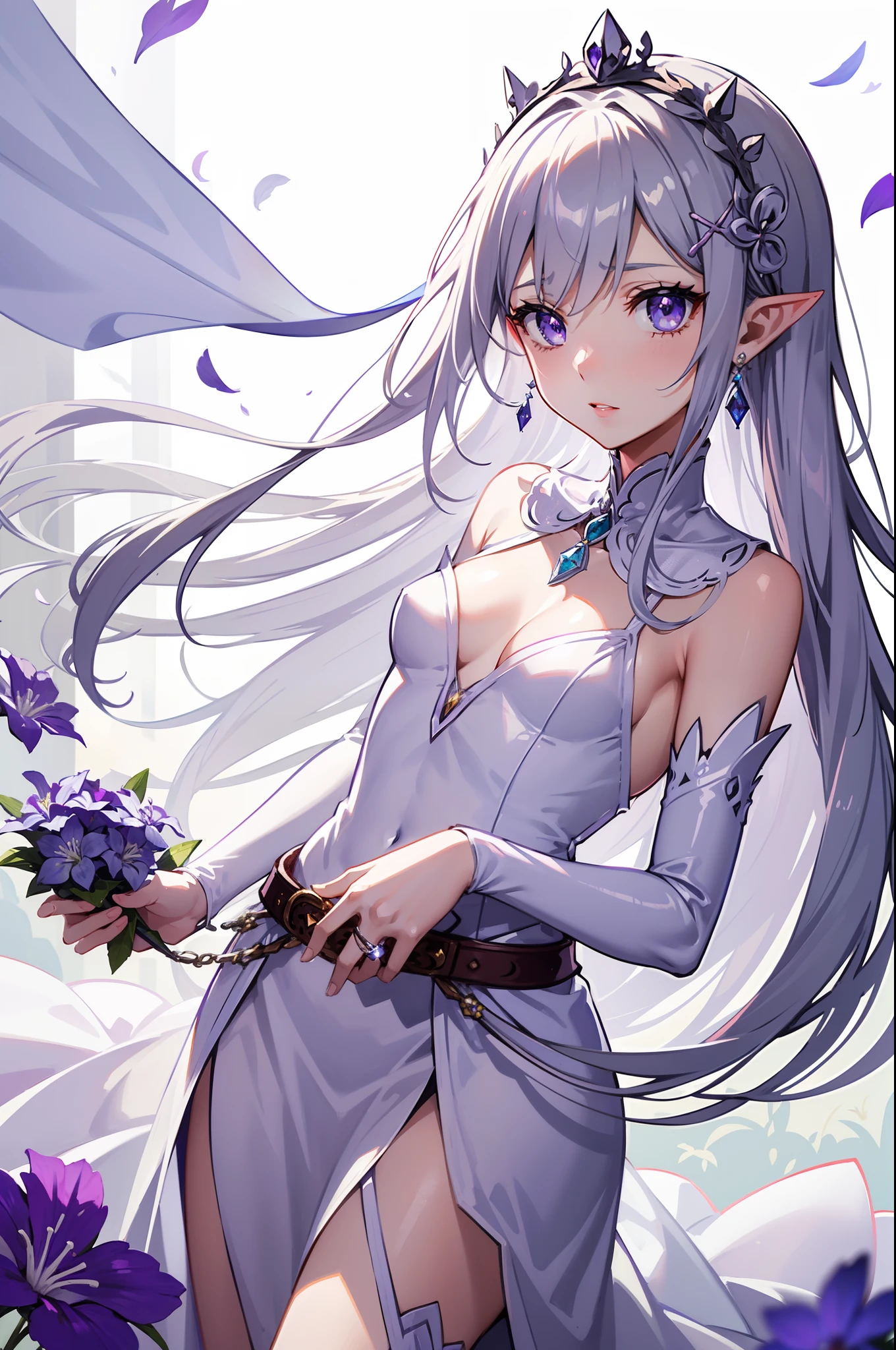Emilia princess from Re:Zero kara Hajimeru Isekai Seikatsu, half elf, gorgeous white and purple wet elegant silk wedding dress, holding a bunch of clematis, silk accesory, veil, grace hair style, flower and feather flying effect, garden background, perfect body shape, small breast, empress and forzen aura, detailed skin, silver necklace, diamond ring, masterpieces, silver and light purple pupil, heavy make up, best quality anime 4k wallpaper quality, extreme eye and body detail, flower earring, belt, collar, silver crown, white silk legging, energetic girl, spirit around, high resolution,