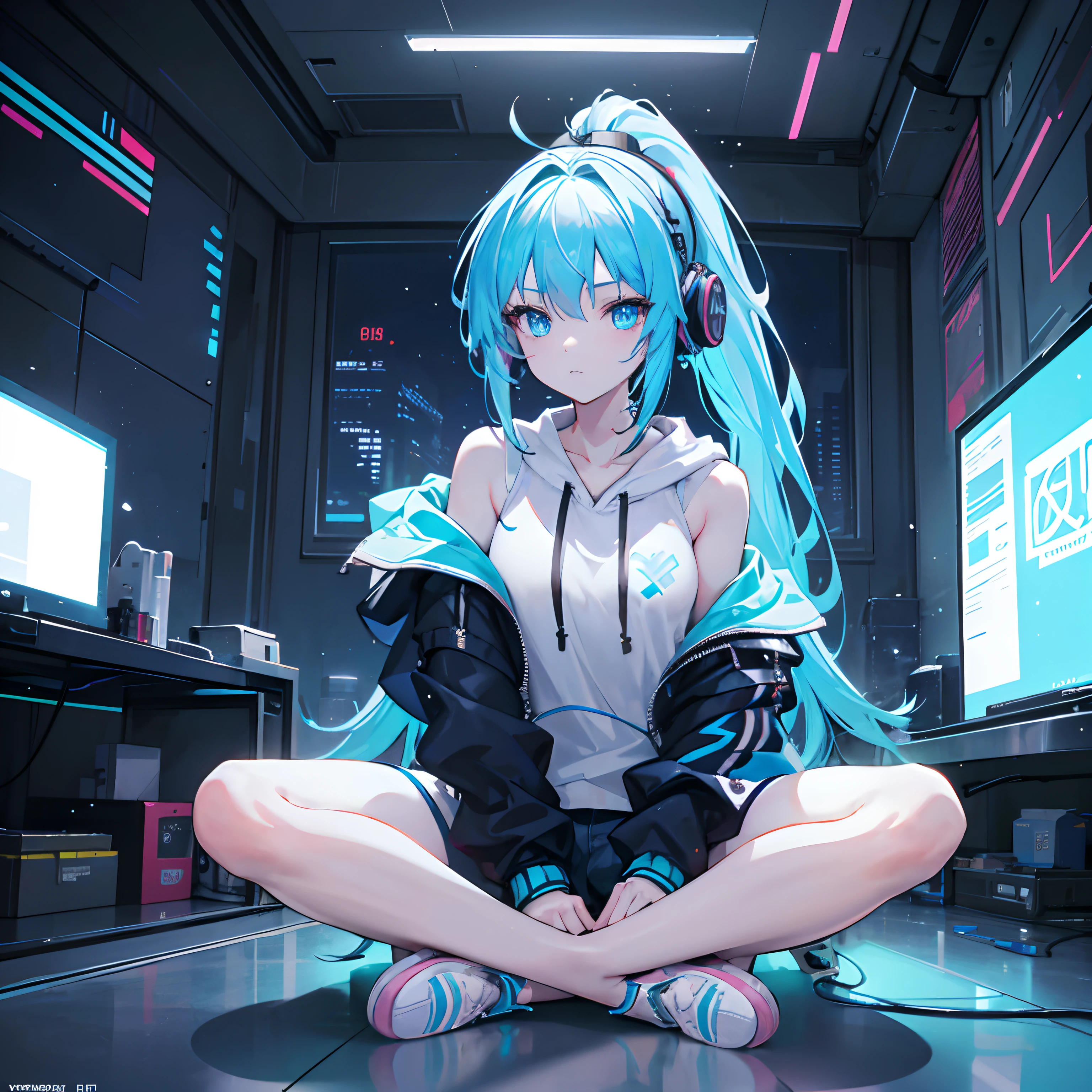 1. Girl: Indoor girl, wearing a blue hoodie, petite body, ice blue hair, ponytail, shoulders exposed, wearing headphones, shorts, leg straps, slippers, listening to music girl, cute and playful girl, blue eyes, relaxed and comfortable atmosphere, (close-up shot), masterpiece, best quality, high-resolution, beautiful face, 8K illustration, indoor lighting, neon light, glow, Volume Light, Light Particles, Unreal Engine 5, Anime Style, Cyberpunk, Futurism, Perspective, (2.5D screen), Fashion, Isometric Design, Symmetric Portrait, (Pose), Bad Laugh,