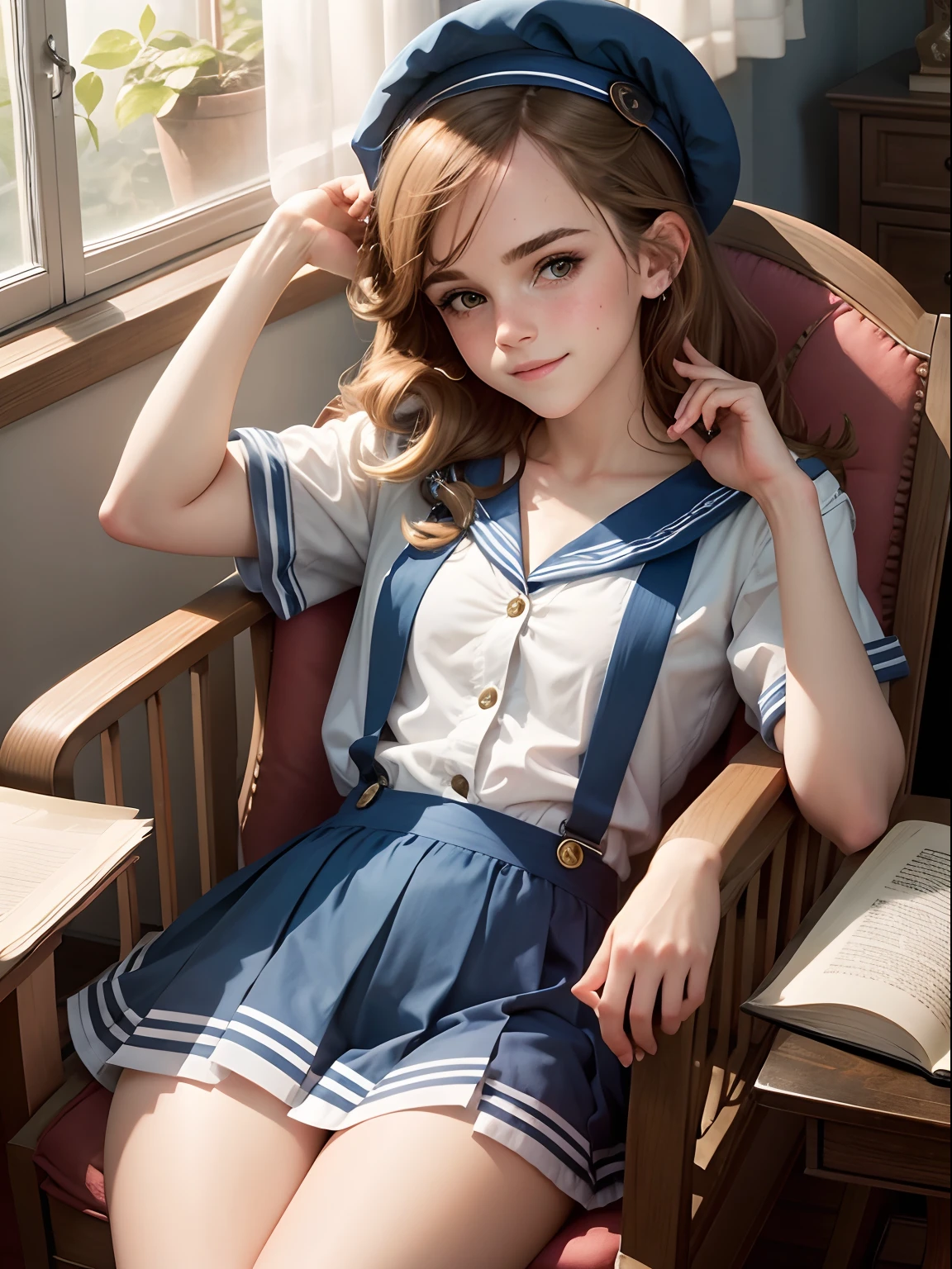 Emma Watson dressed in High school girl blue sailor suit, sitting in a chair reading a book, smiling