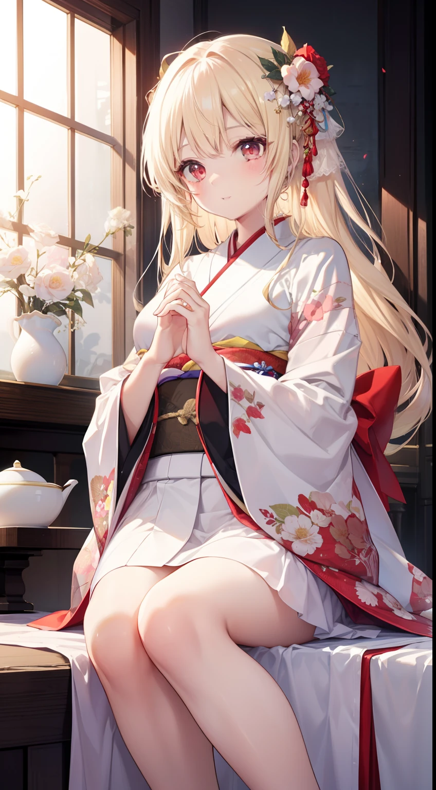 a blond、red eyes、Beautiful girl alone、A sexy、Princess Cut、Floral kimono、Western-style castle、Meticulous feet、Beautifully aligned fingers