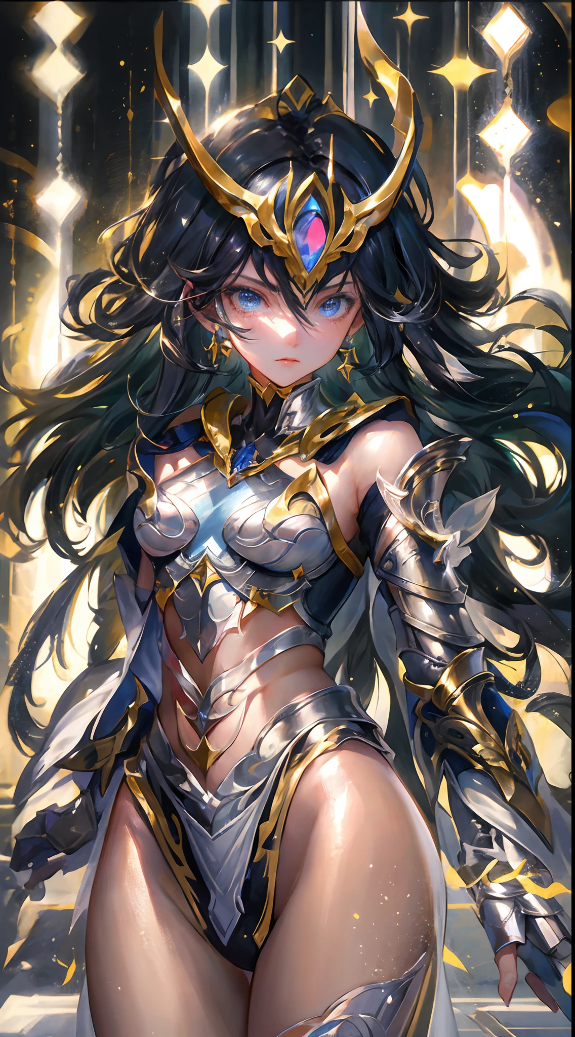Ultra-high saturation,(tmasterpiece), fully body photo,(best qualtiy), (1girll), starryskybackground,Wearing shiny gold armor, Sexy lingerie type armor,Expose your chest,Expose the waistline,Exposing thighs,cool-pose, Saint Seiya Armor, messy hair,high detal, Anime style, Cinematic lighting, Sparkle, god light, Ray traching, filmgrain, hyper HD, textureskin, super detailing, Anatomical correct, A high resolution,Ultra-high saturation,hight contrast,High-gloss armor,Smooth skin,Serious expressions,Dark room,