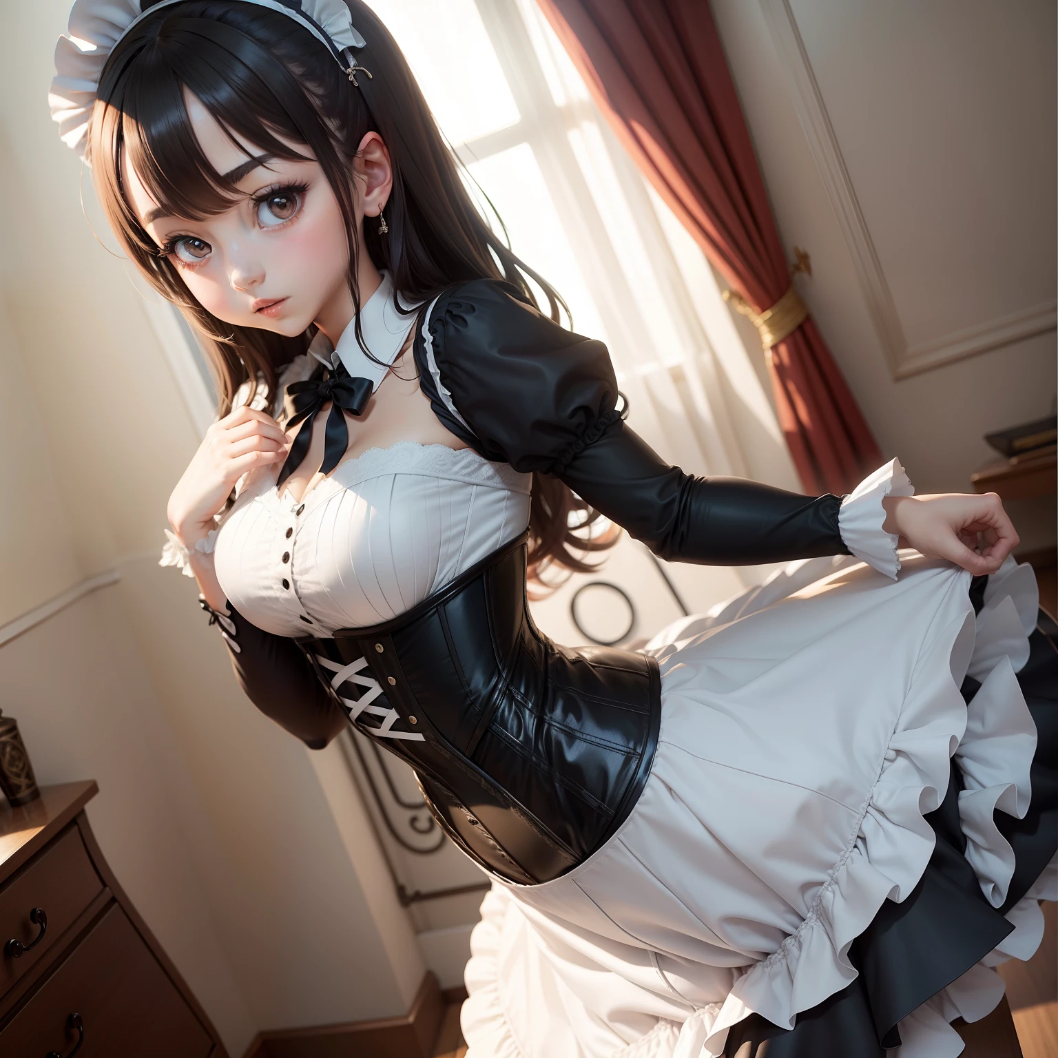 Anime maid, anime girl in maid outfit, tight maid dress, corseted, narrow waist, high heels