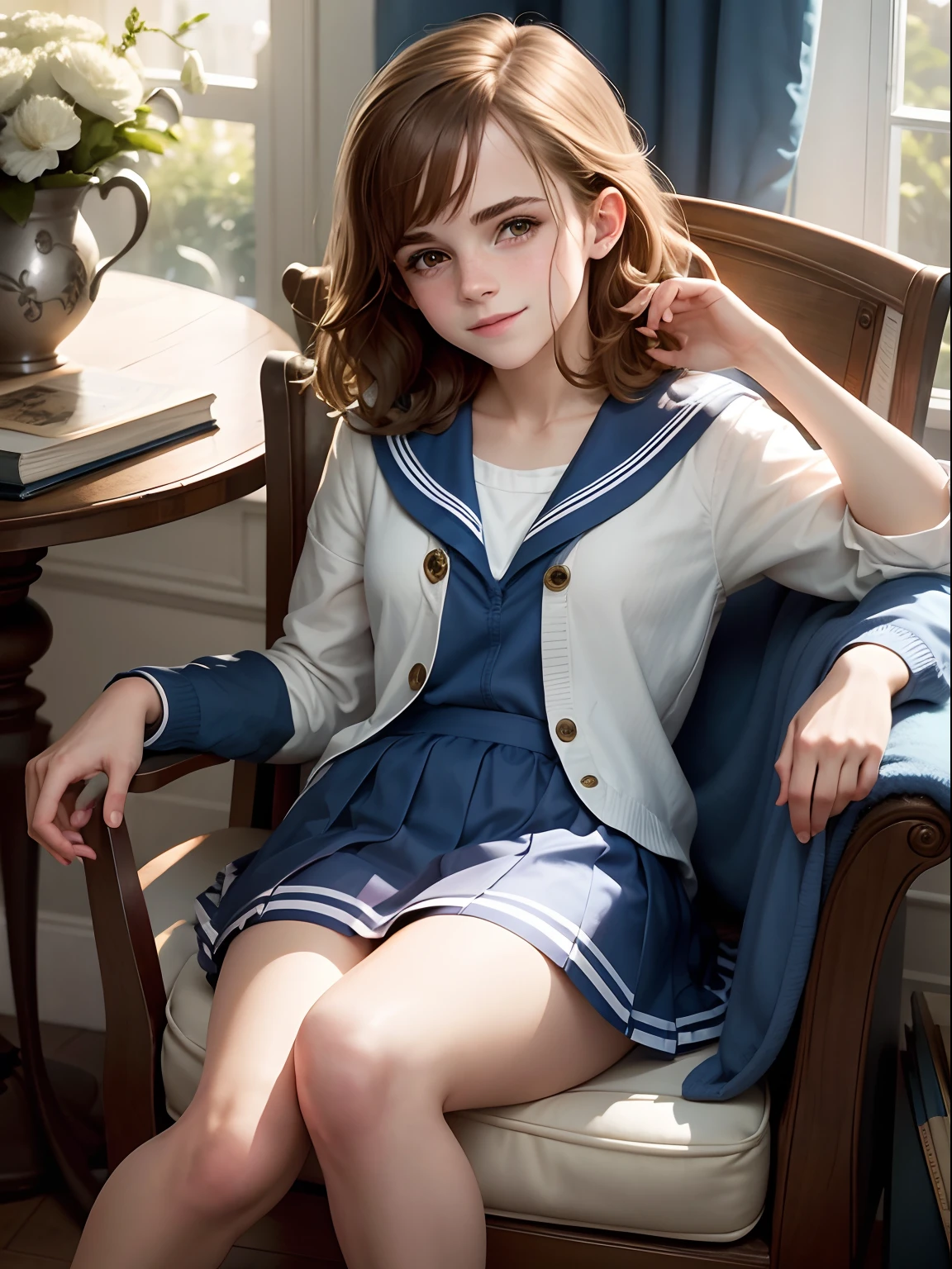 Emma Watson dressed in High school girl blue sailor suit, sitting in a chair reading a book, smiling