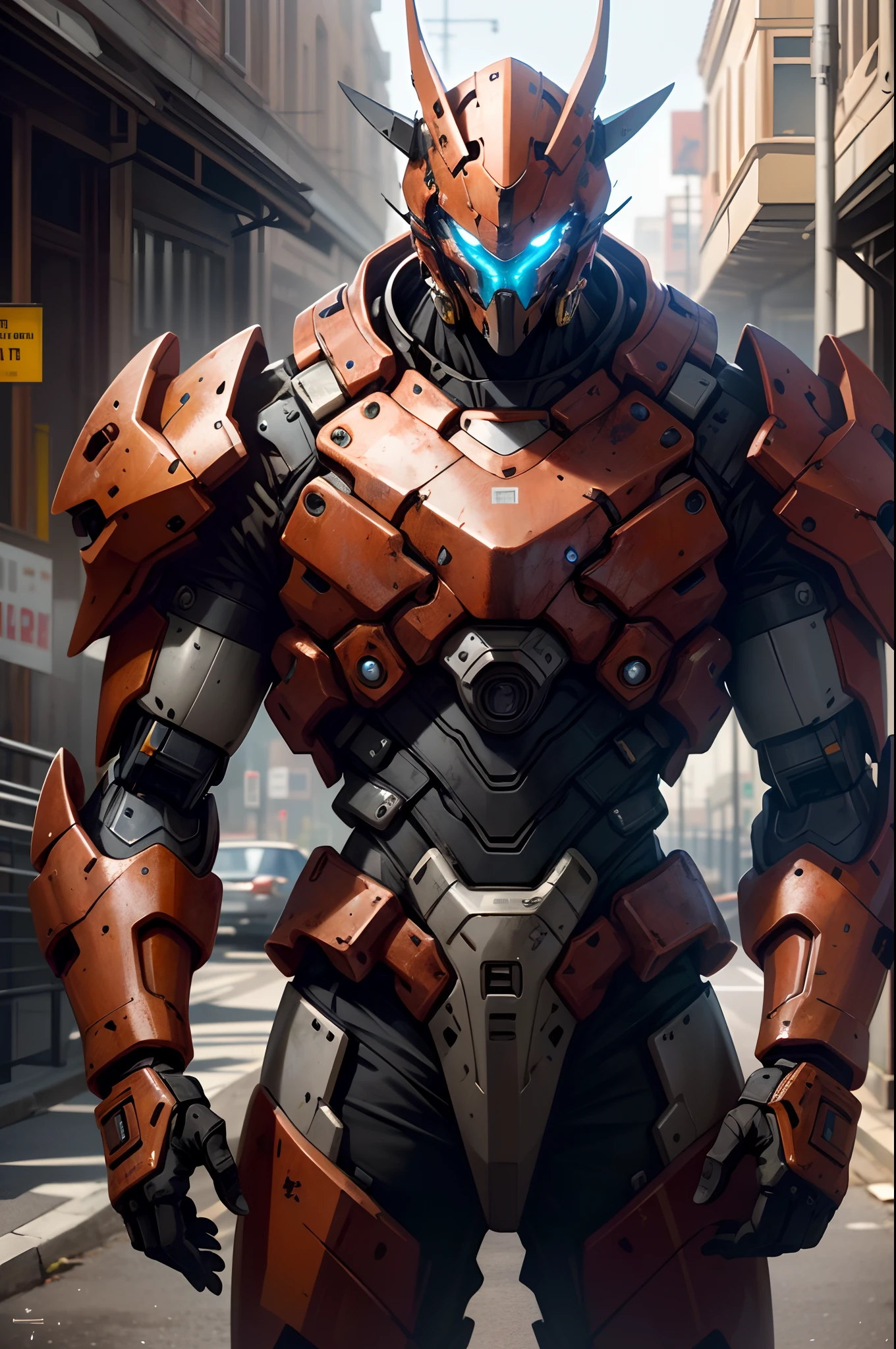 Portrait photo of an alpha male, perfect eyes, in a worn mecha suit, intricate, (steel metal [rust]), elegant, sharp focus, photo by greg rutkowski, soft lighting, vibrant colors, masterpiece, ((streets)), cowboy shot, dynamic pose,