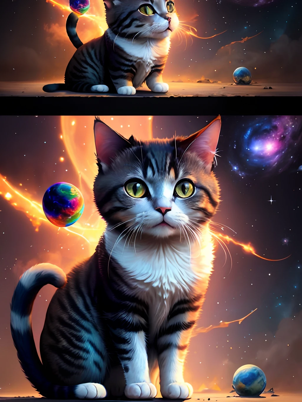 Cosmic Cat pintura fosca detalhada, cor profunda, genial, detalhes intrincados, tela inicial, cores complementares, arte conceitual de fantasia, 8k resolution trend on Artstation