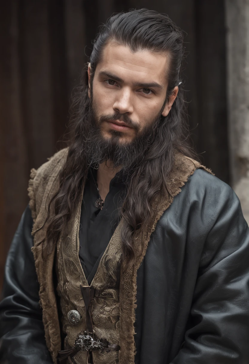 retrato de um homem caucasiano, homem de cabelos pretos, homem jovem, dystopian urban setting, cabelo coque de samurai, homem de barba, jaqueta de couro preto