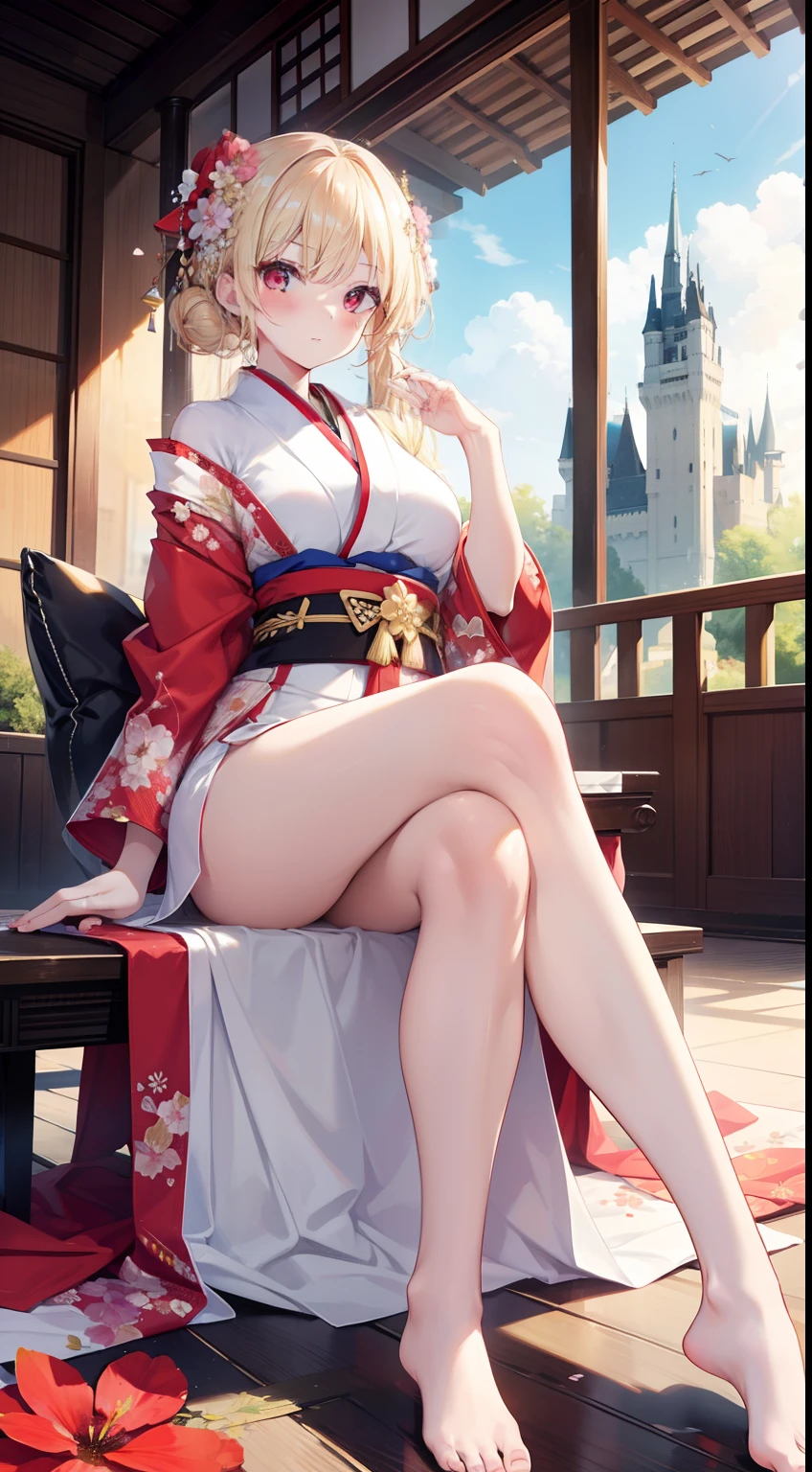 a blond、red eyes、Beautiful girl alone、A sexy、Princess Cut、Floral kimono、Western-style castle、Meticulous feet、Beautifully aligned fingers