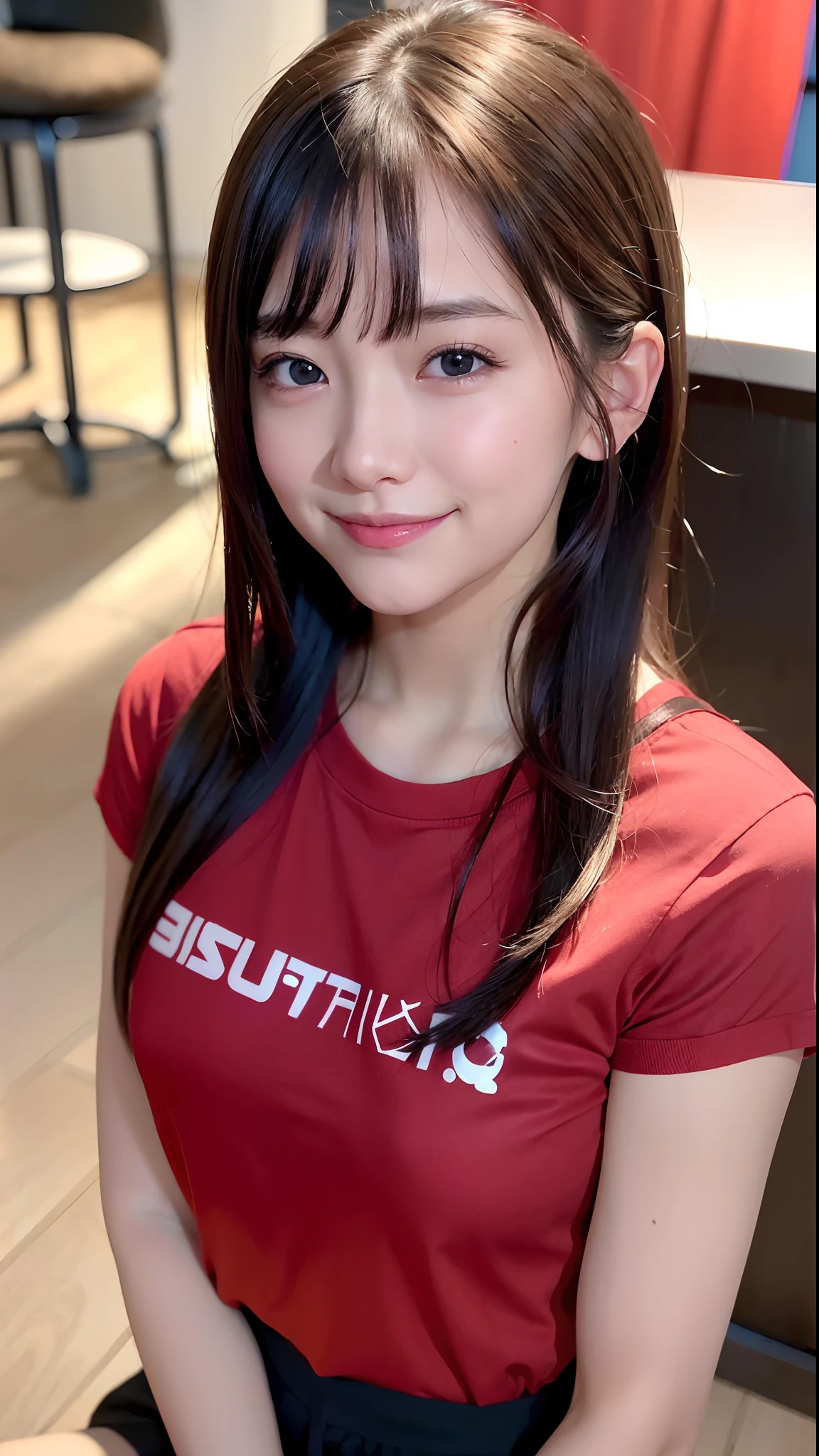 (top-quality、8K、32K、masuter piece、nffsw:1.2)、Cute Japan Girl、女の子1人、profile、(Split abs、slim figure:1.2)、(s lips) 、(Black hair)、二重まぶた、shinny skin、Realistic rays、mare、beauitful face、(A smile:1.3)、crouching down、(From above:1.2)、(a closeup:1.4)、shores、Red T-shirt、blurry backround、(Front Focus)、(Dark: 1.6)、Fantasy Art、photoRealstic、Professional Lighting、extra detailed face、Award-winning、deep-shadows、