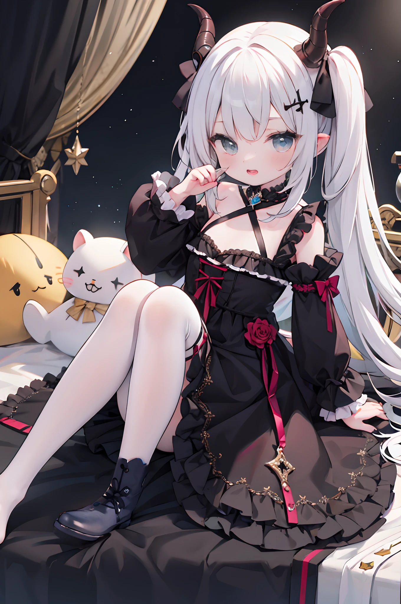 White Gothic dress、Black Onyx、、s girl、Silver Hair Bob Cut、pink eye、Fantasia、White Gothic dress、I don't wear underneath、Black Diamond、peridot、Ametrine、Golden Sapphire、Shoulder out、From the top、Show your feet to your audience, Big buttocks,Big thighs、 (Presentation of the legs), From the top ,1girl in, Solo, Medium chest, Side hair ribbon, Sleeveless, sole of feet、Shy laughter、Mole under the eyes、Bed Pose、1 thumb and 4 fingers、Two arms、2 legs、