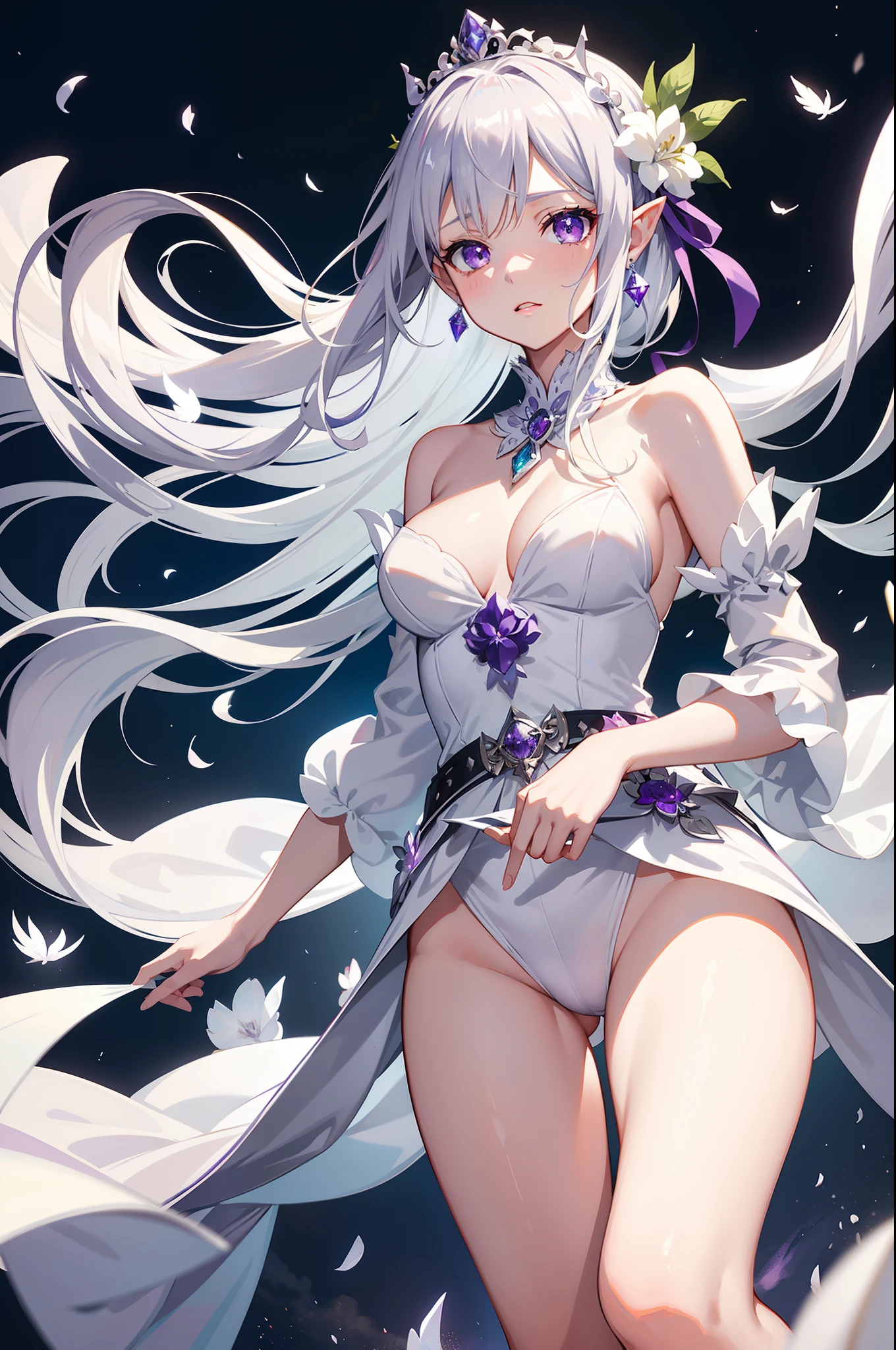 Emilia princess from Re:Zero kara Hajimeru Isekai Seikatsu, half elf, gorgeous white and purple wet elegant silk wedding dress, holding a bunch of clematis, silk accesory, veil, grace hair style, flower and feather flying effect, garden background, perfect body shape, small breast, empress and forzen aura, detailed skin, silver necklace, diamond ring, masterpieces, silver and light purple pupil, heavy make up, best quality anime 4k wallpaper quality, extreme eye and body detail, flower earring, belt, collar, silver crown, white silk legging, energetic girl, spirit around, high resolution, NSFW