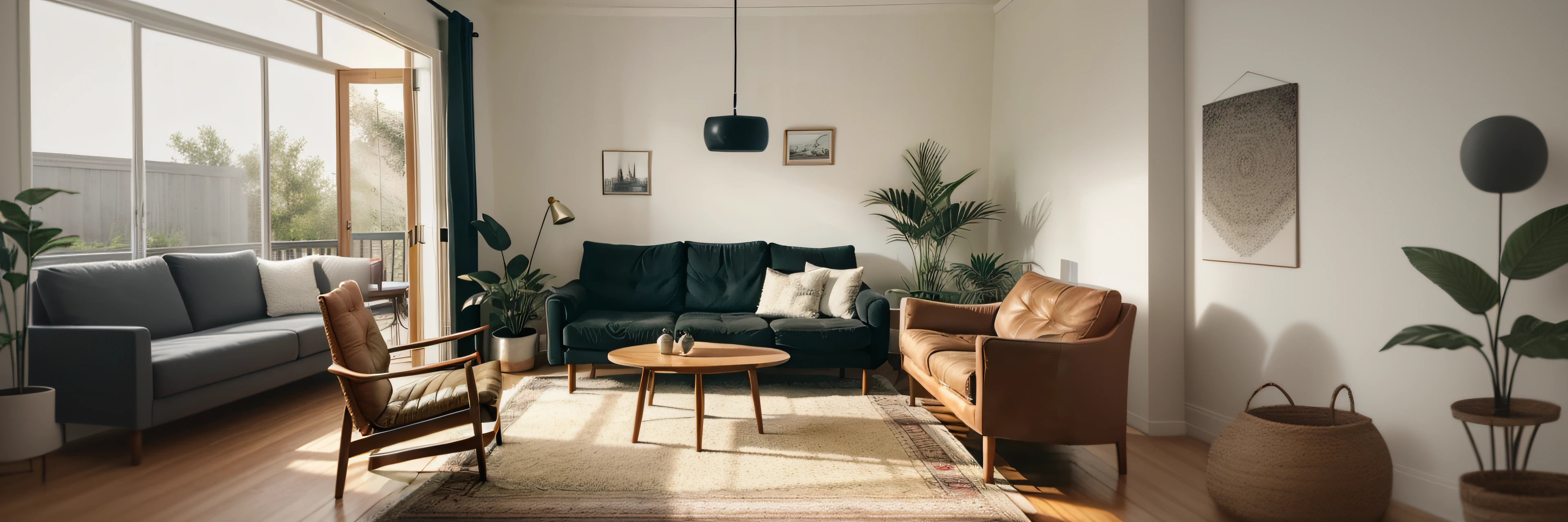 there is a living room with a couch, chair, and a table, brightly lit room, areas rugs, furniture and decor, scandinavian design, scandinavian style, bright daylight indoor photo, natural light in room, interior of a living room, in a living room, bright room, with backdrop of natural light, home display, floor lamps, home interior, light boho carpet