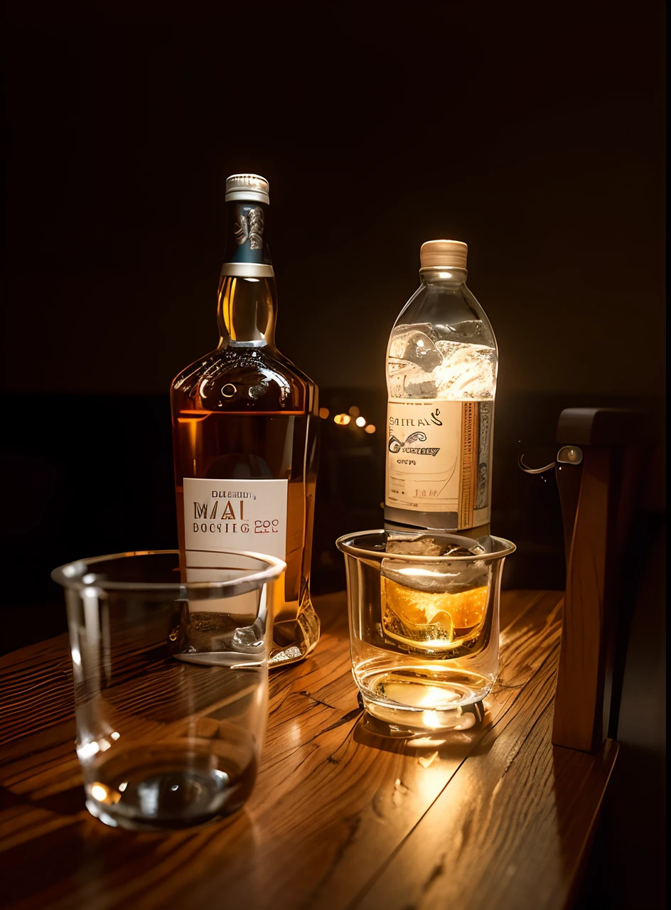 bottles of alcohol and a glass of water on a table, bottles of alcohol next to him, at night time, low light photography, low - light photograph, low-light photograph, shot with sony alpha 1 camera, drinking whiskey, whisky, evening ambience, shot with sigma f / 4. 2, shot with sigma f/ 4.2