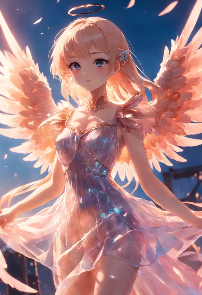 **vogue photography, Stylish female model in dress,Translucent plastic wing,angel wing, California Impressionism, Soft sunlight, Y2k beautiful,Dream style 16k