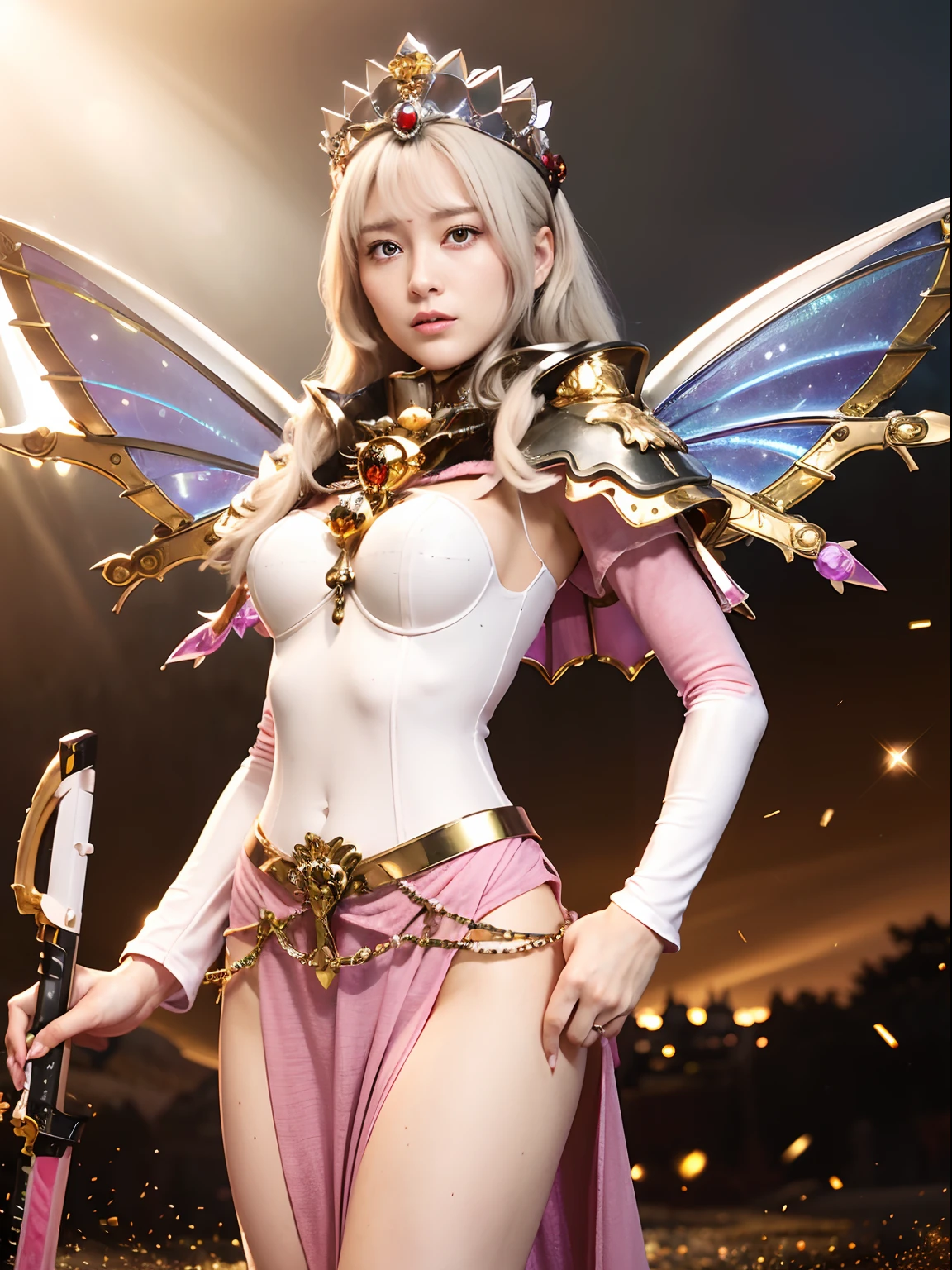 (masutepiece), Professional , masterpiece、top-quality、photos realistic , depth of fields (Gemstone Silver Metal Body:1.9),(Matte Pink、Jewel Gold Weapon、(Gorgeous castle background)、(ultimate beauty girl)、(Rainbow fairy wings grow)、(Jewel Metal Body:1.9),Gorgeous Jewel Metal Weapons , Detailed Sword of the Brave ,( a blond) ,warhammer 40k ,((maikurobikini))、 adepta sororitas,Detail and ornate jewel crown、独奏、Brown hair、(Gangle's forest background)、Beautiful Caucasian beauty、1a person、dynamic ungle,(((Diamond tiara with detail and luxury)))、a small face、Powerful poses、(Gorgeous castle background)、huge filesize、20 year old beautiful woman、Stand in the center of the screen、Thin female fingers、Straight long hair、Beautiful Caucasian beauty、Valley、Fairy of Light、Particles of light、