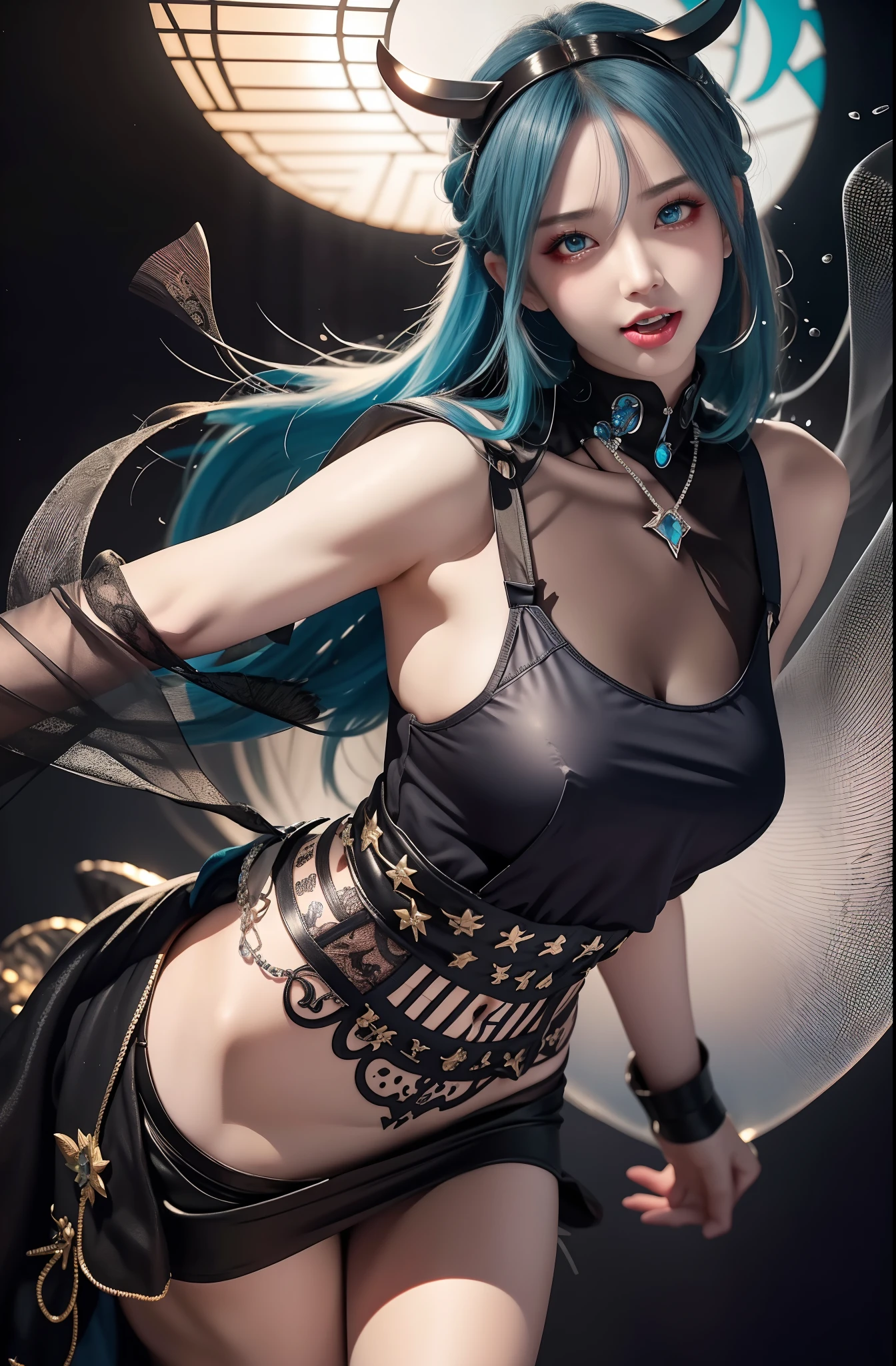 Masterpiece, top quality, blue hair, blue lightning, realistic, realistic details, high detail. Blue Thunder. Blue crystal. Black suspended particles. Black smoke. Black crystals around. Black smoke wafts around. Warping the body. Warping the body. Horn. Darkness. Ochi Yami Yugi. Laugh. Short hair.
1 girl, beauty, seductive face,, anicos_No 1,, short hair, navel, hoodie ?????. Middle ??????, long feather hair clip, blue hair ornament, thigh height, isekai, mini skirt, Ochi Yami. Temptation. Brainkill. ???? pose. Pigtails. She has her mouth open. Tattoo. She sticks out her tongue. She has drool dripping from her mouth. Long velo. Long tongue. Luminescent tattoo. Luminescent tattoo. Close one’s eyes. Long eyelashes.