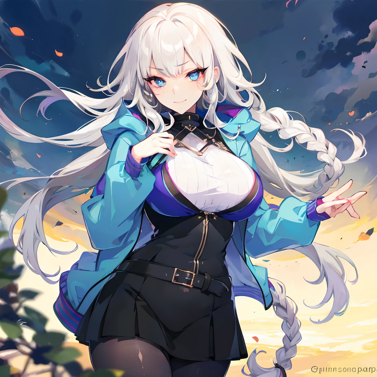 (full body), seductive look, blush, outdoors, looking at viewer, moody lighting, (perfect detail eyes:1.2), mole under eyes glowing eyes, shiny skin, white hair, blue eyes, smile, white sweater, long hair one braid:1.2), (huge breasts), (Masterpiece, Best Quality, High Quality:1.4), professional artwork, Intricate Details, field of view, sharp focus, little blue jacket, black tight skirt, black tights