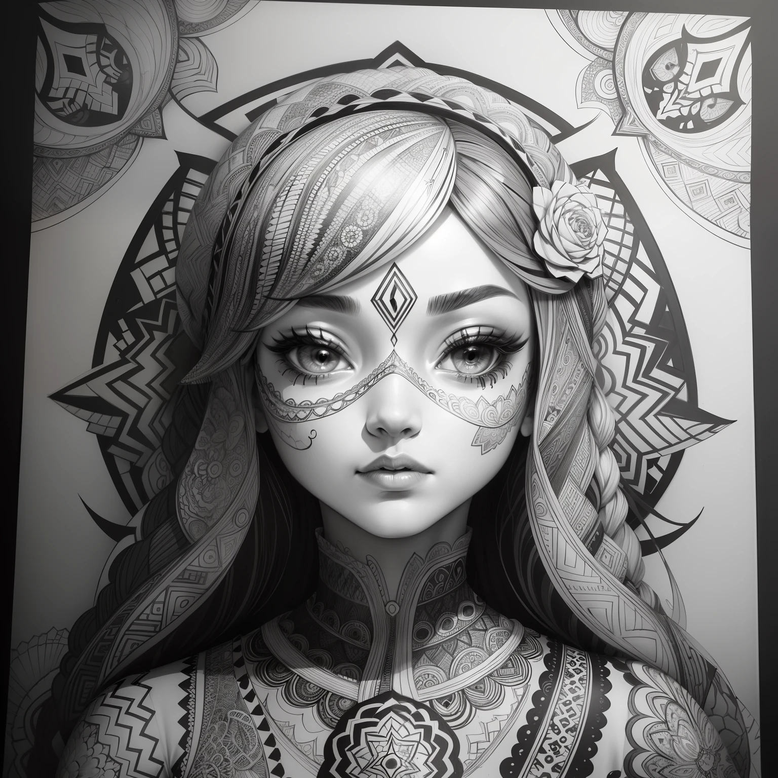 Zentangle, coloring book illustratio, black and white, fine line art, fine line drawing (brains), Eduardo Kobra acolchoamento ,multidimensional geometric PORTRAIT wall, arte, chibi,
yang08k, lindo, colorido, obras-primas, qualidade superior, melhor qualidade, arte oficial, beautiful and aesthetic,