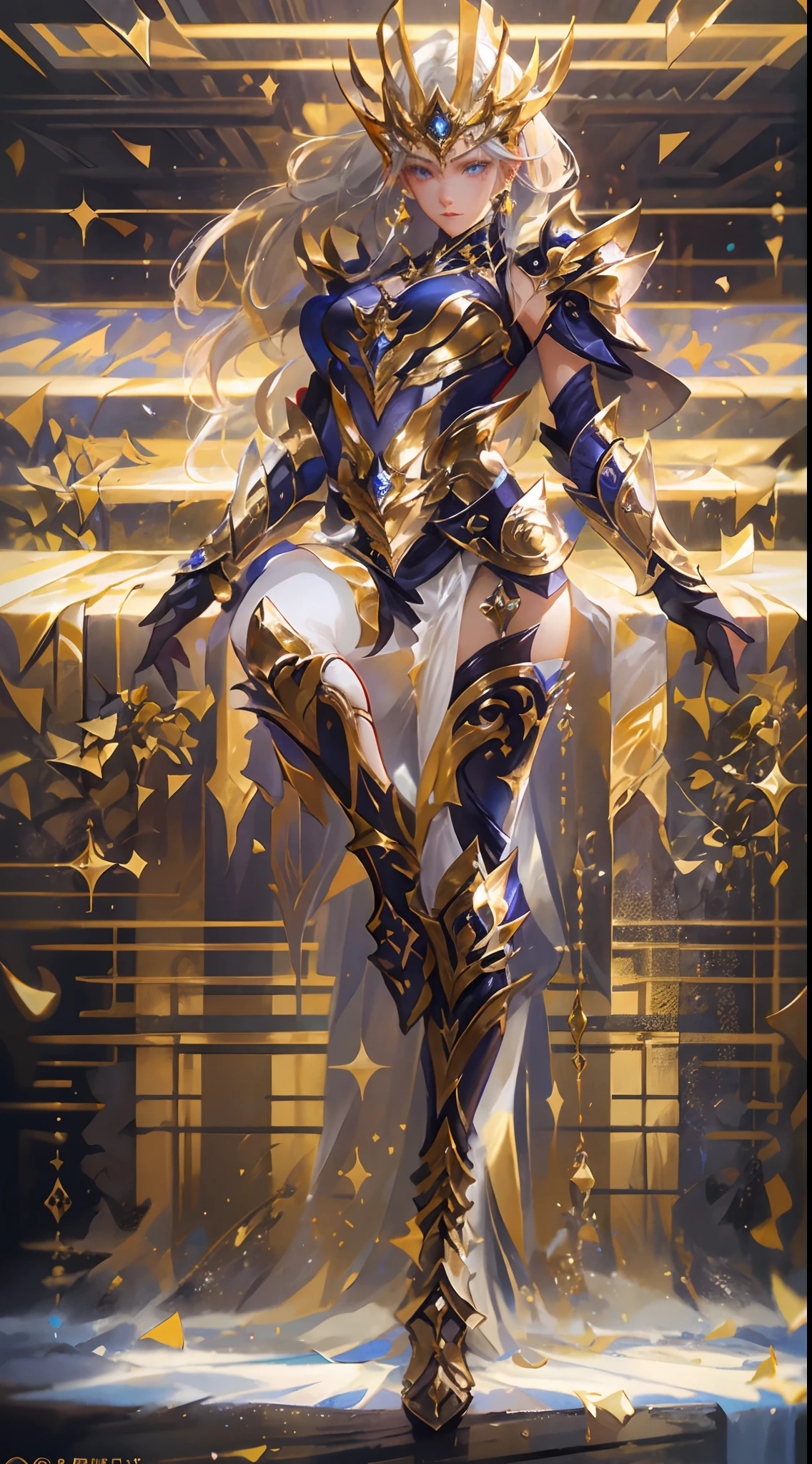 Ultra-high saturation，（tmasterpiece）， fully body photo，（best qualtiy）， （1girll）， starryskybackground，Wearing shiny gold armor， Sexy lingerie type armor，Expose your chest，Expose the waistline，Exposing thighs，cool-pose， Saint Seiya Armor， messy  hair，high detal, Anime style, Cinematic lighting, Sparkle, god light, Ray traching, filmgrain, hyper HD, textureskin, super detailing, Anatomical correct, A high resolution，Ultra-high saturation，hight contrast，High-gloss armor，Smooth skin，Serious expressions,Dark room,