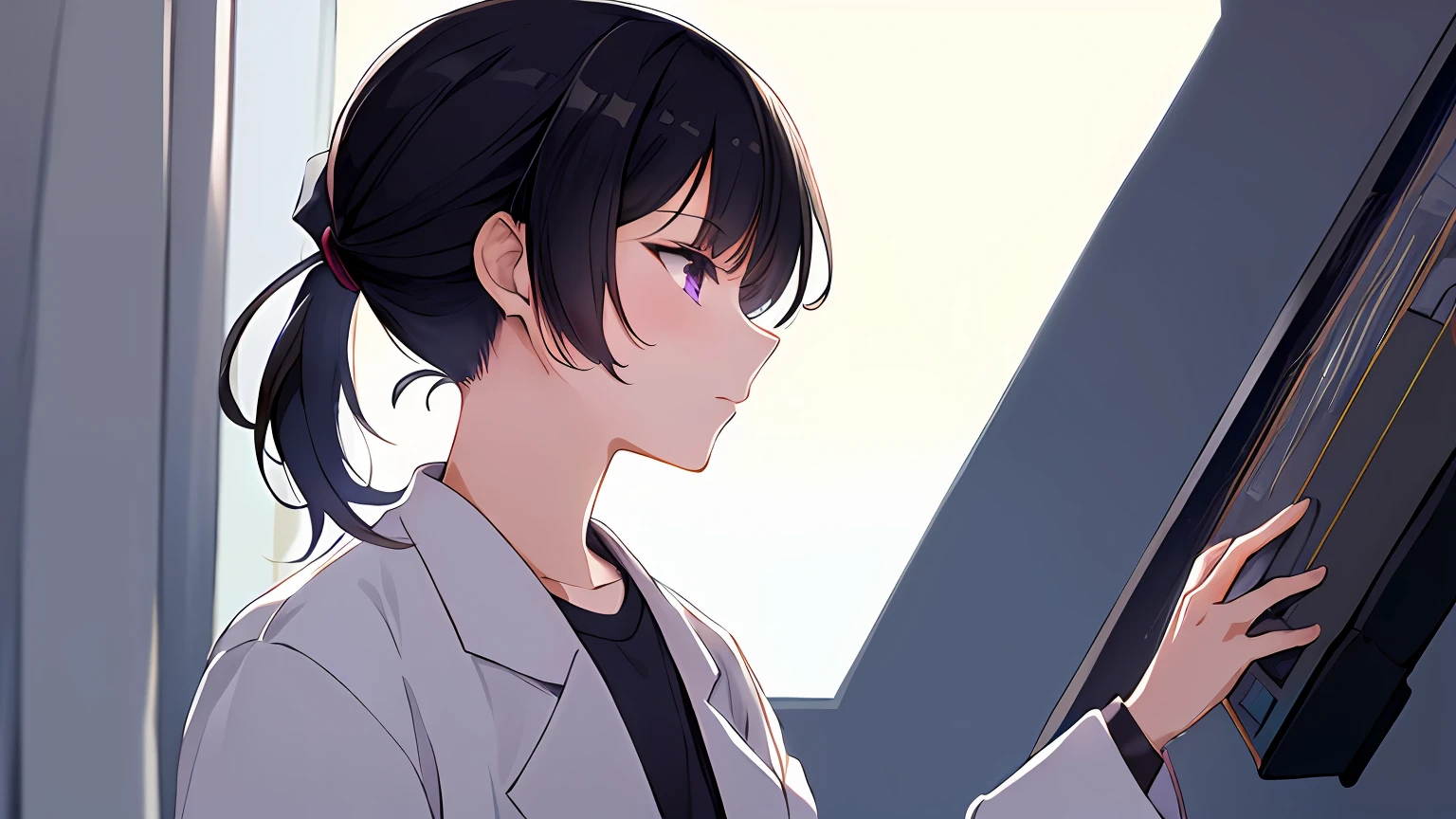 masterpiece, high quality, 8k, beautiful lighting, doga kobo, anime scene, profile, 1girl, hashimoto_mai, black hair, very short ponytail hair, small to medium breast, purple eyes, white pharmacist coat, looking at viewer, sighing