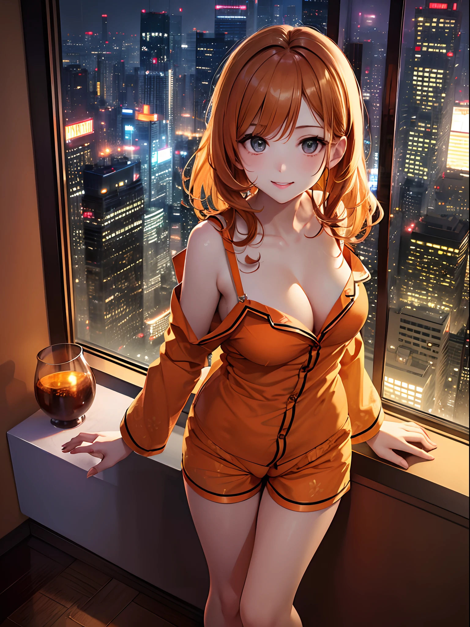 masutepiece、Best Quality、Illustration、 ultra-detailliert、hight resolution、8K Wallpapers、Perfect dynamic composition,、Beautiful detailed eyes、pajamas、(orange color camisole:1.3)、(Orange pajama shorts:1.3)、(Raw feet:1.3)、Medium Hair、(Beautiful Large Breasts:1.3)、Natural Color Lip、Bold sexy poses、Smile、Harajuku、20 years girl、Cute、Beautiful sister、Sexy shot looking at camera、60th floor of a tower apartment、Luxurious bedroom、You can see the night view from the window、nighttime scene、is standing、Naughty atmosphere、Erotic Poses、Evocative Pose、Looming
