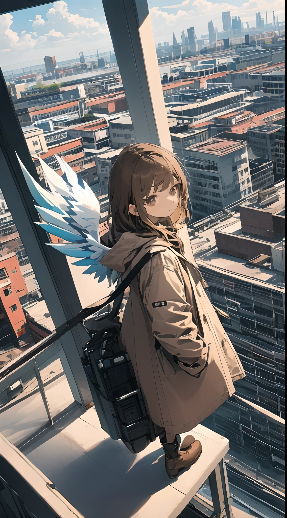 (masterpiece, best quality),from above , 1girl, solo, (feathered wings:1.2), billboard, brown eyes, brown hair, building, city, cloudy sky, coat, boots, crane \(machine\), dutch angle, from side, light frown, looking at viewer, outdoors, rooftop, sky, skyscraper