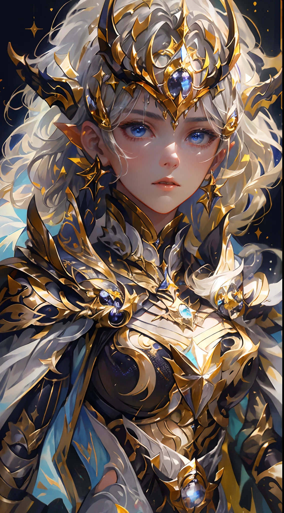 Ultra-high saturation,(tmasterpiece), fully body photo,(best qualtiy), (1girll), starryskybackground,Wearing shiny gold armor, Sexy lingerie type armor,Expose your chest,Expose the waistline,Exposing thighs,cool-pose, Saint Seiya Armor, messy hair,high detal, Anime style, Cinematic lighting, Sparkle, god light, Ray traching, filmgrain, hyper HD, textureskin, super detailing, Anatomical correct, A high resolution,Ultra-high saturation,hight contrast,High-gloss armor,Smooth skin,Serious expressions,Dark room,