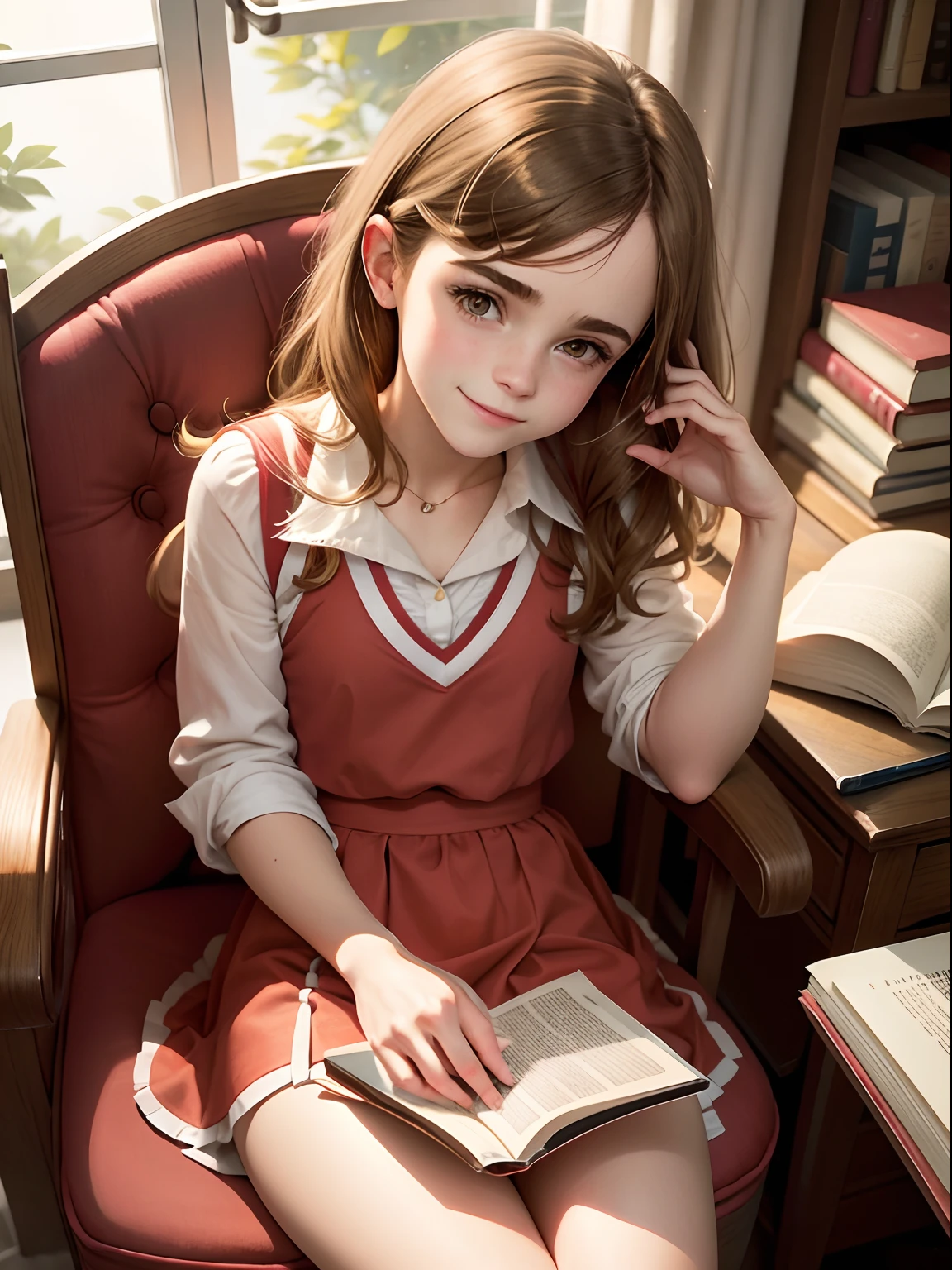 teen Emma Watson dressed in cute High school girl red sailor suit, sitting in a chair reading a book, smiling