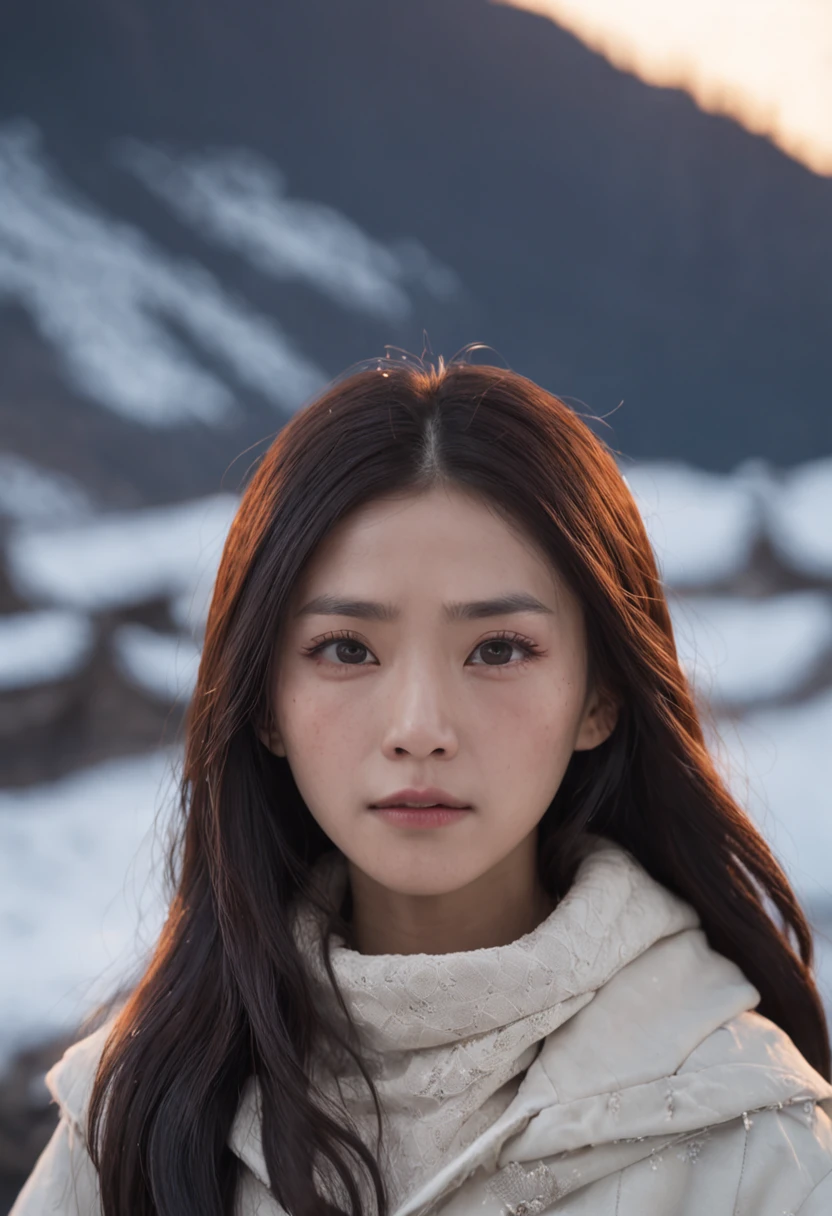A long-haired Asian girl, Old off-white cotton jacket, Sit in front of the fire, The background is a snowy mountain in the wind and snow。Dark tones, Movie light。Heads-up mid-view, Cinematic style, complexdetails, HDR, black hair, dreadlocks, mole under eye, crying with eyes open, sad, bust chart, Verism, Realism, god rays, 8K, UHD, anatomically correct, masterpiece