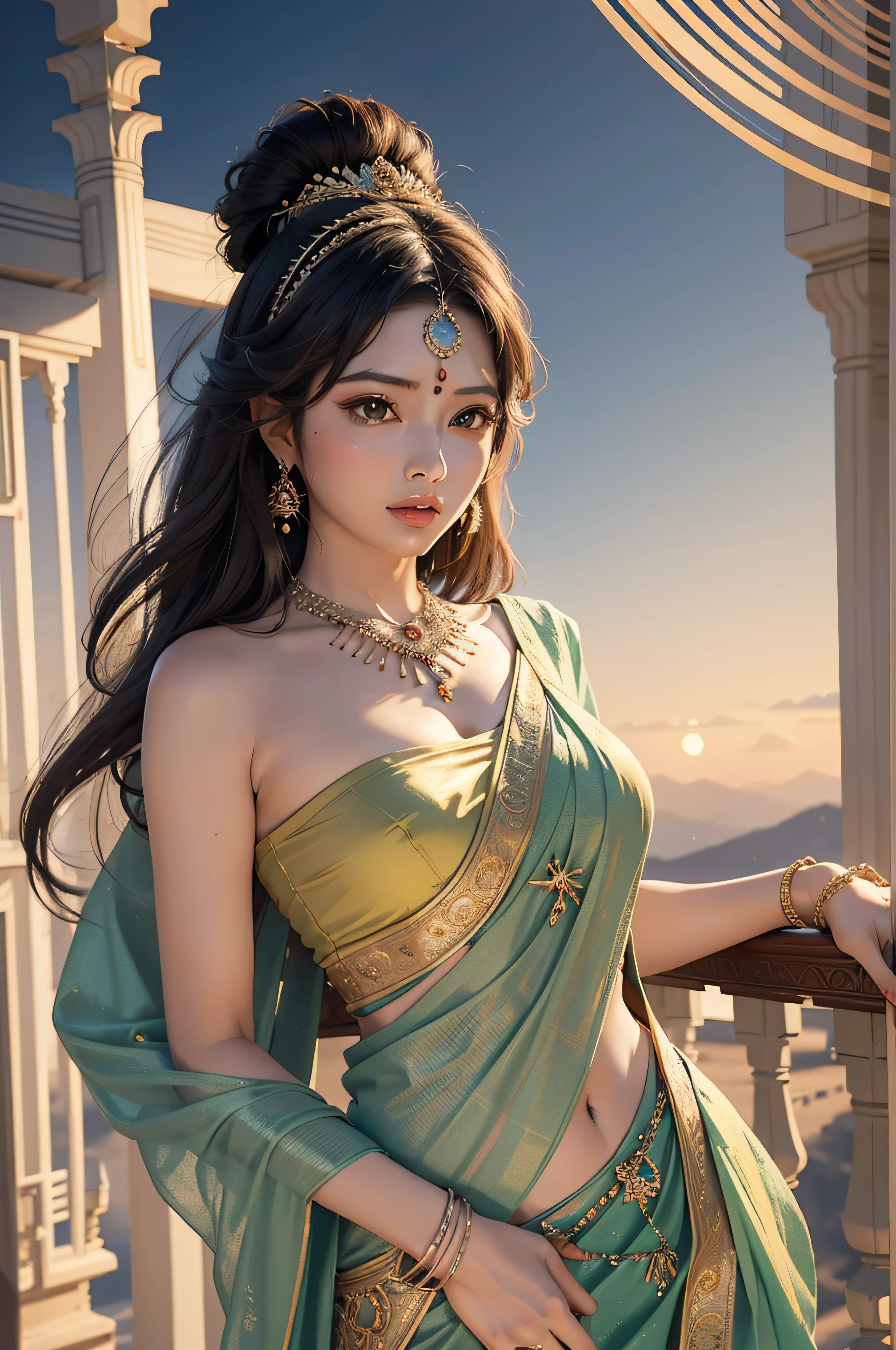 Generate an AI artwork depicting a courageous anime princess in an elegant Indian saree, radiating strength and grace. Emphasize her bravery, beauty, and the traditional Indian attire.