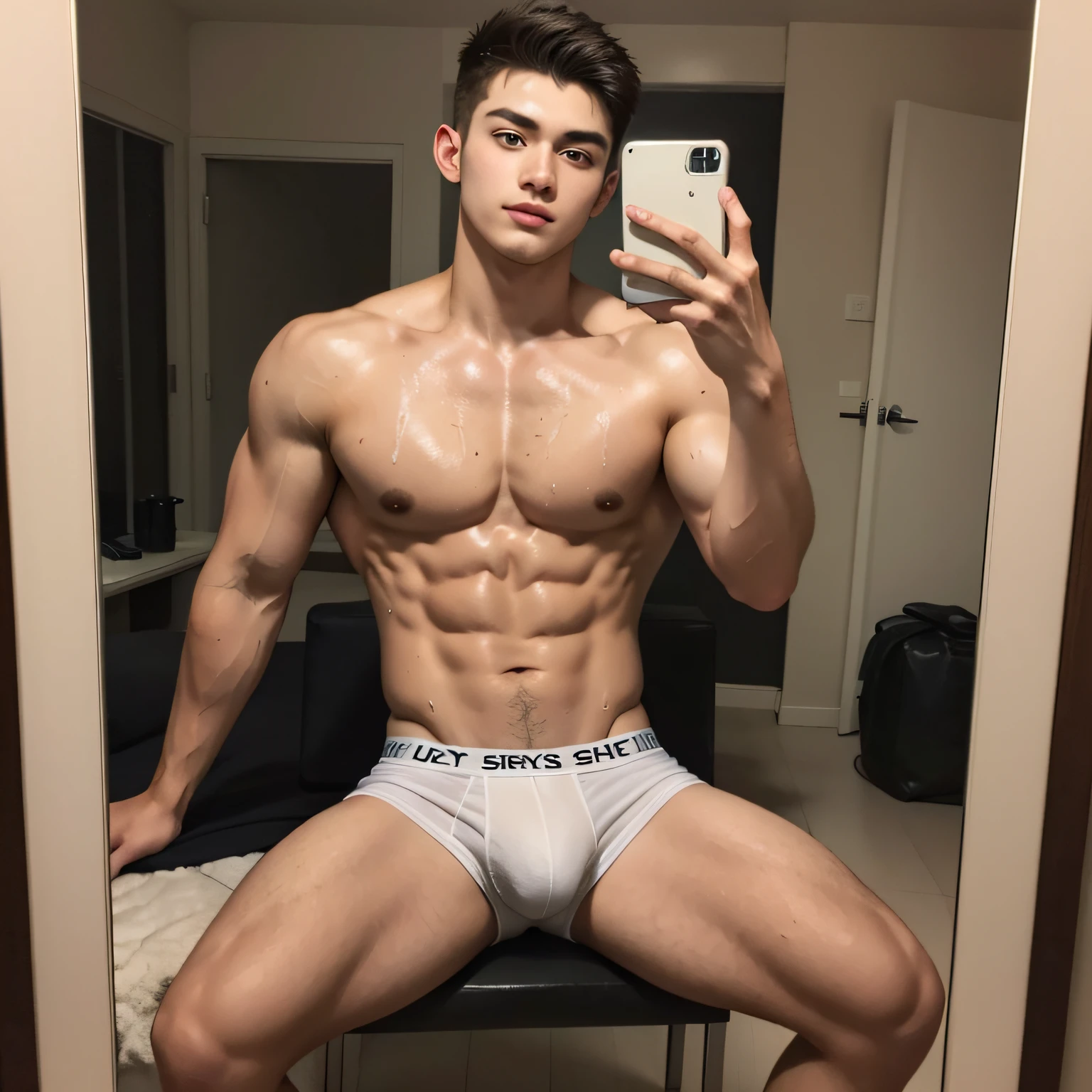 masterpiece, best quality, ultra detailed, realistic, sfw, 1boy, an attractive 18 years old fit caucasian boy sitting in front of a mirror taking selfie, flexing pose, ((sweat)), shirtless, wearing tight jockstrap, big bulge, vpl, smug, full body shot,